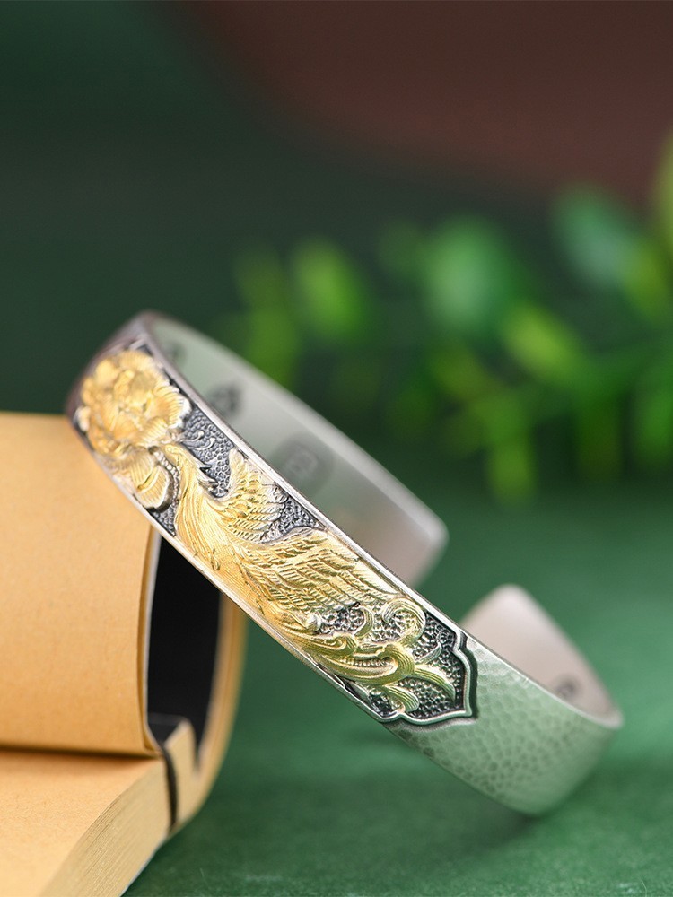 Gilded Phoenix Peony Wide Cuff Bangle Chinese Blessing 999 Solid FineSilver Gold