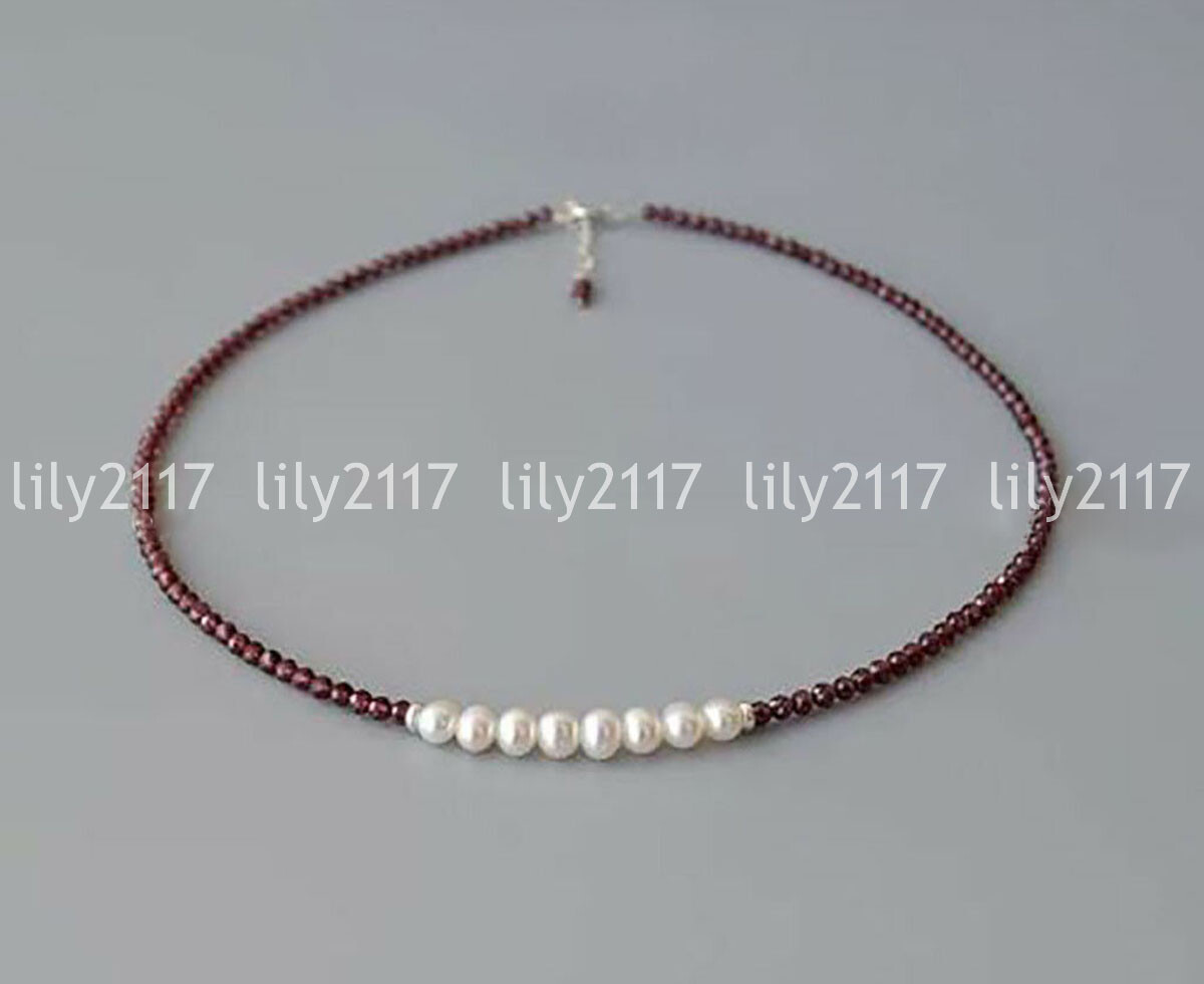 Natural 4mm Faceted Red Garnet 6-7mm White Freshwater Pearl Necklace Bracelet