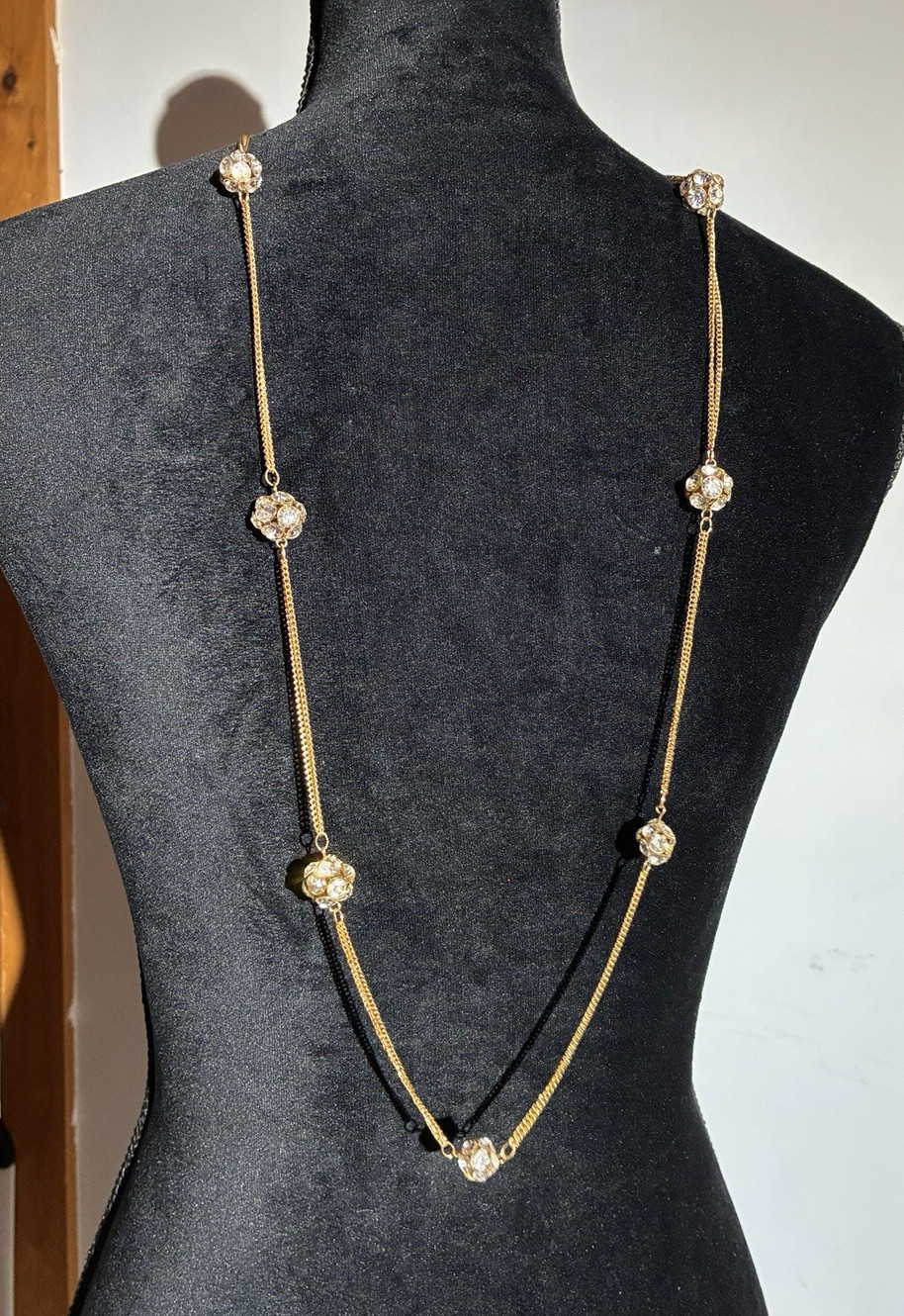 Long Gold Chain Necklace With Rhinestone Balls 36″ – 40″ Multi facet sparkle