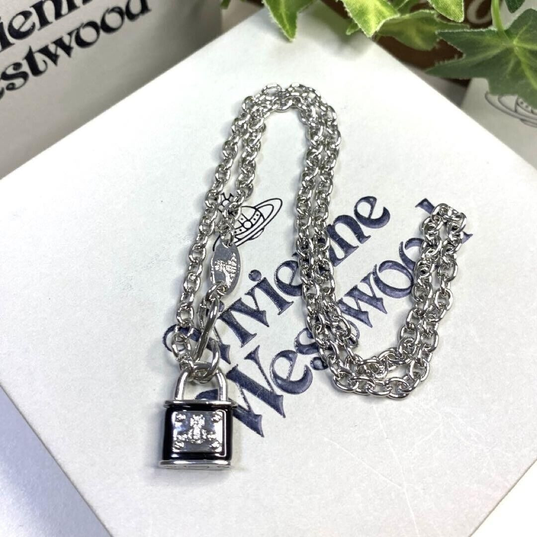 Vivienne westwood Orb Black Padlock Chain Silver Necklace Lock Outlet authentic