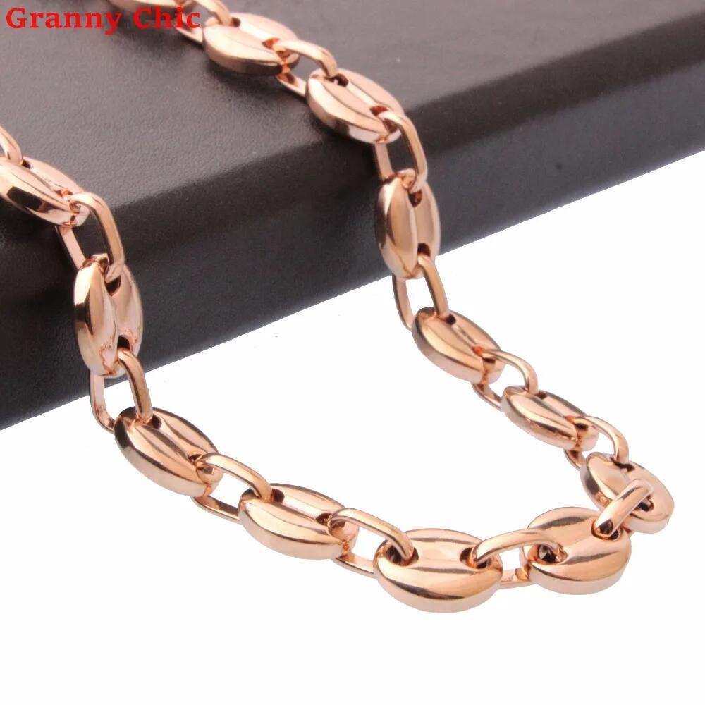 7/9/11mm Men Women Rose Gold Tone Stainless Steel Coffee Beans Chain Necklace