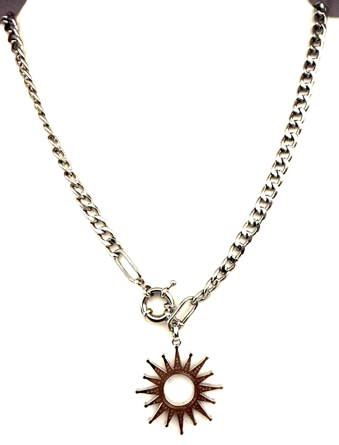 MELANIA CLARA 17″ Silver Tone Crystal Sunburst Pendant Front Clasp Necklace