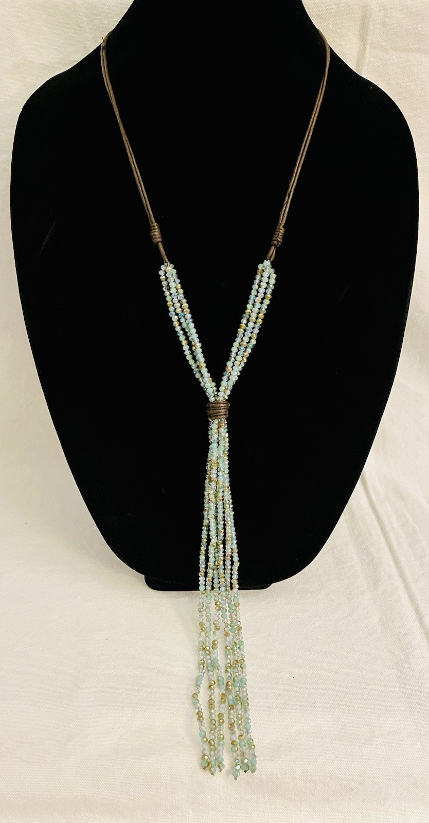 Signed Multi-Strand Jamie Rocks NYC Long Crystal Tassel Style Seafoam Necklace
