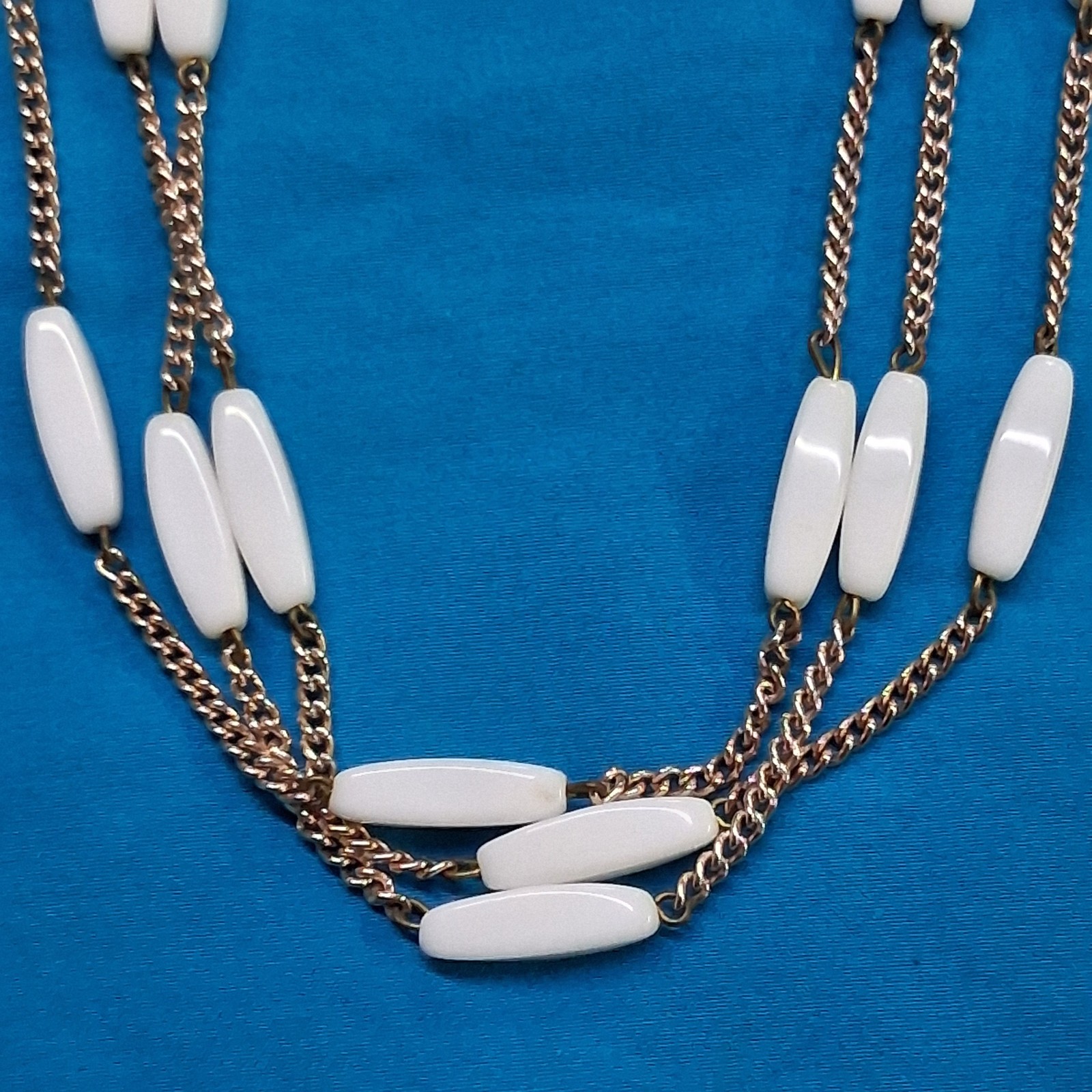Vintage West Germany Marked White Polished Stone 3-Tier Gold Tone Necklace