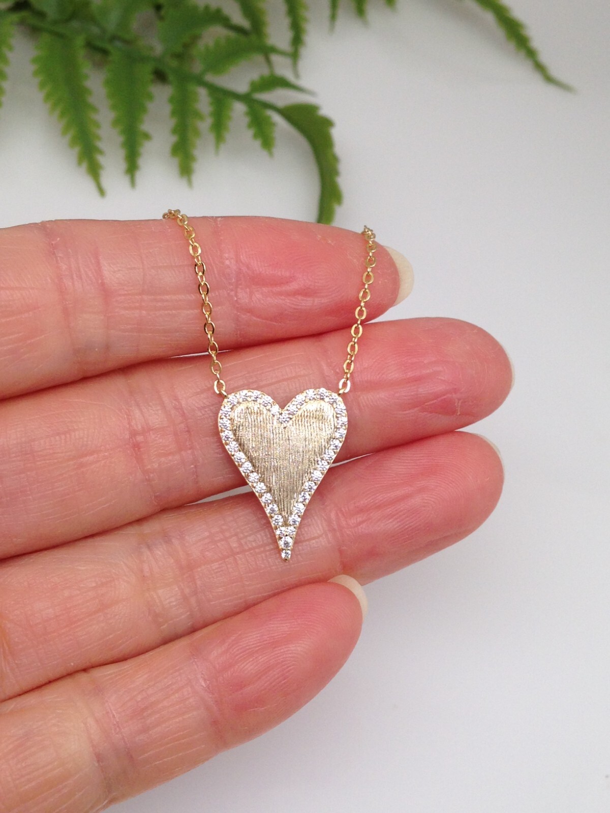 925 Sterling Silver CZ Matte Gold Heart Pendant Necklace Women 19mm/0.75″ 17.5”