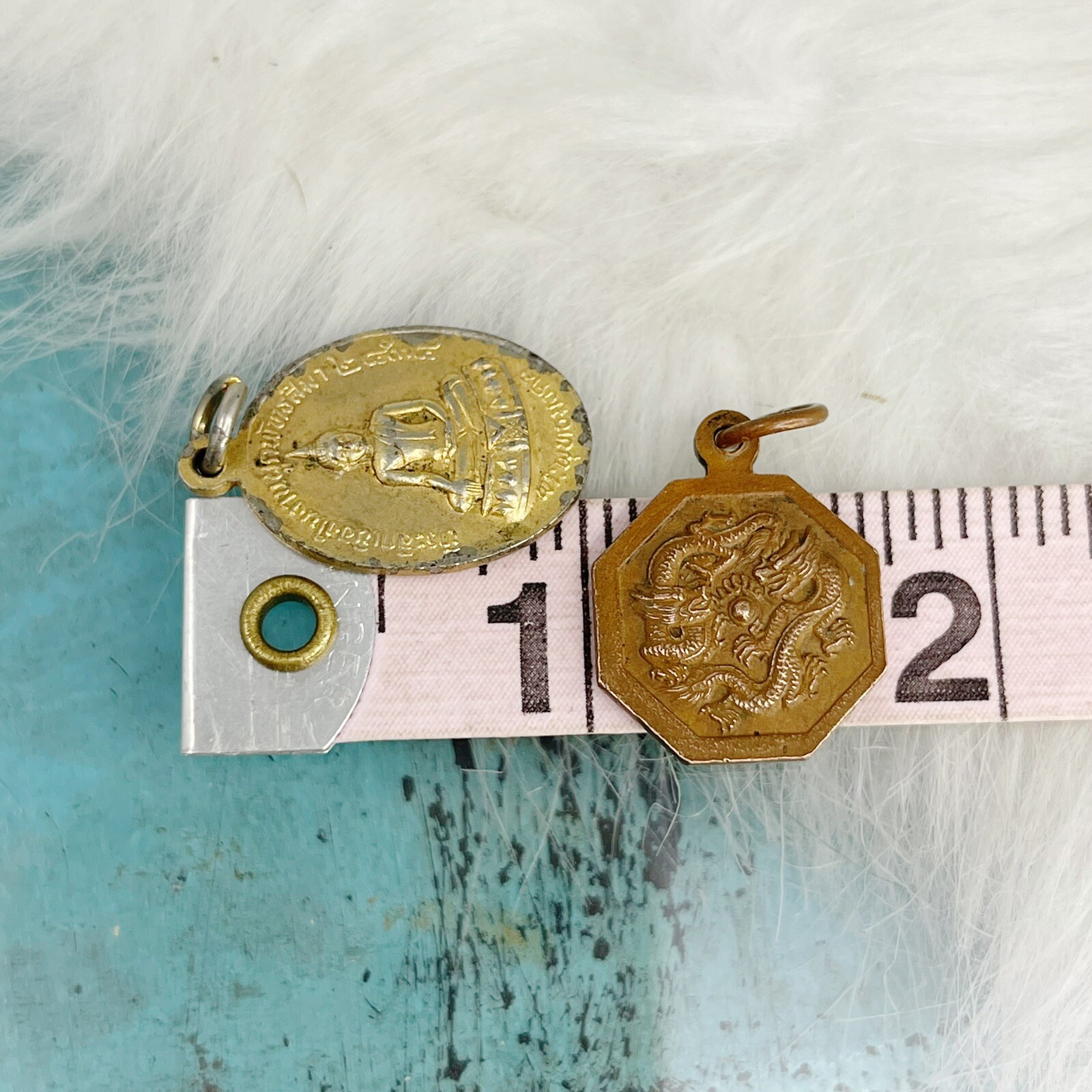 Vintage Lot of 2 Buddha Medals Pendants Gold Plate Copper HEALTH HAPPY LUCKY