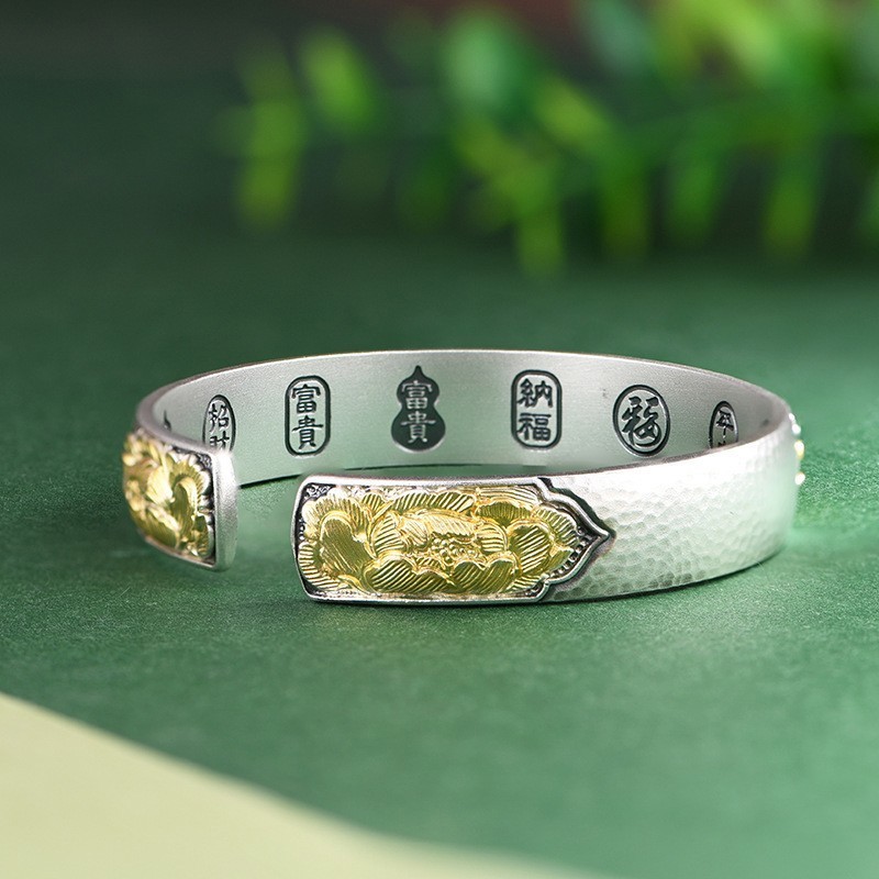 Gilded Phoenix Peony Wide Cuff Bangle Chinese Blessing 999 Solid FineSilver Gold