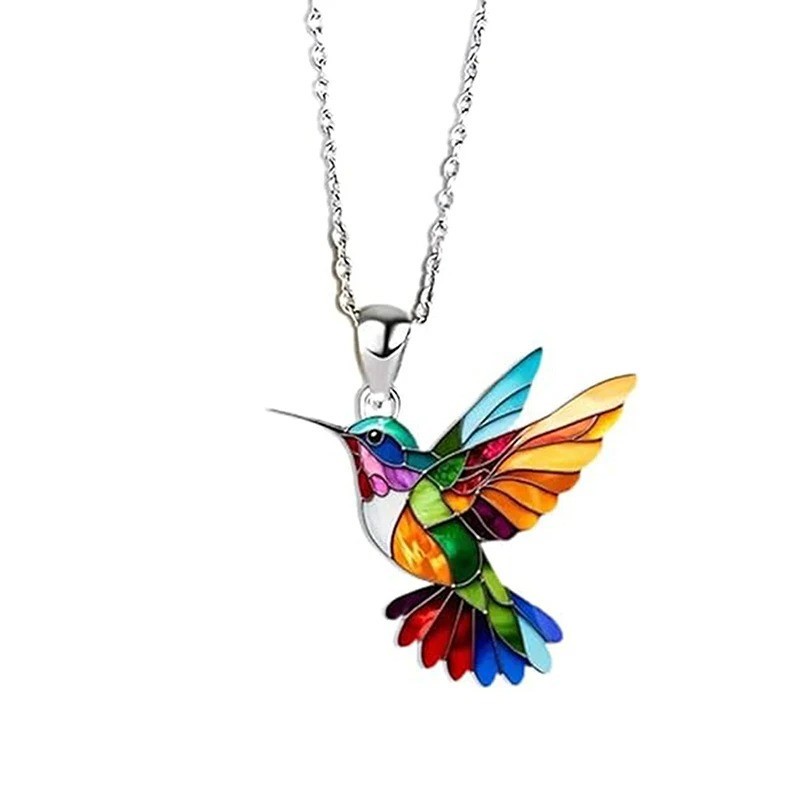 Colorful Hummingbird Pendant Necklace Rainbow Enamel Bird Charm Women Gift Chain