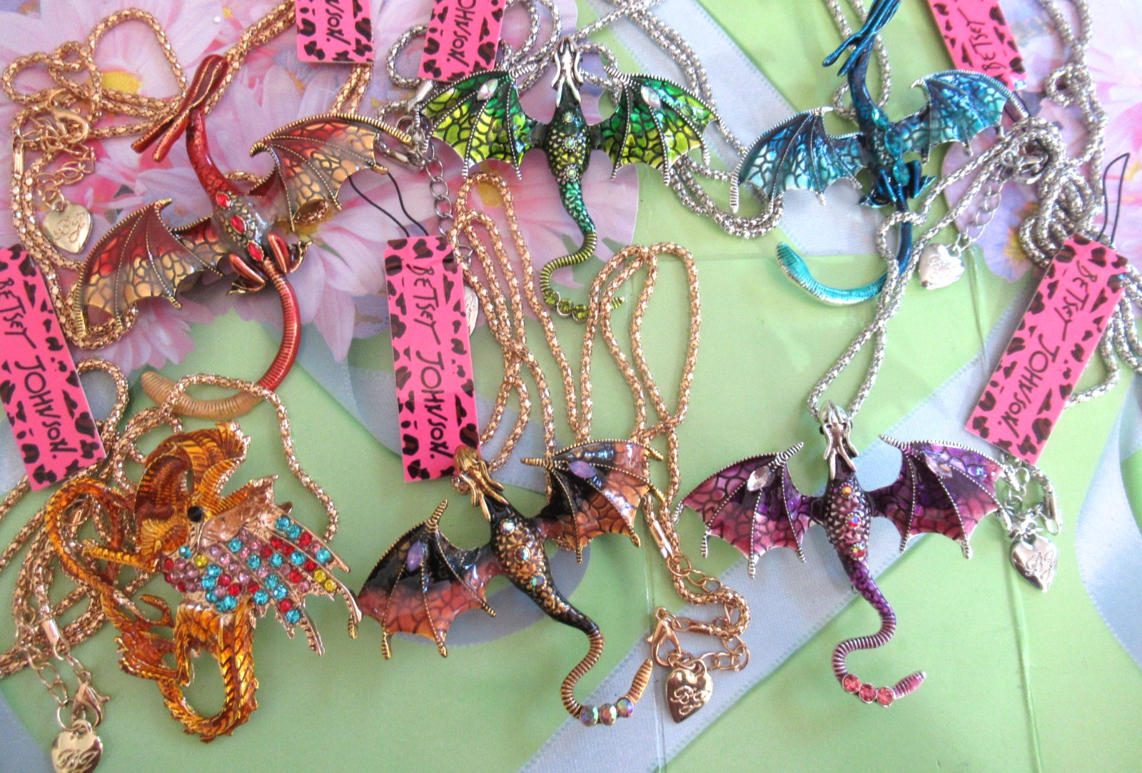LOT OF 6 BETSEY JOHNSON Rhinestone Novelty DRAGON Necklaces / Brooches NWT NEW