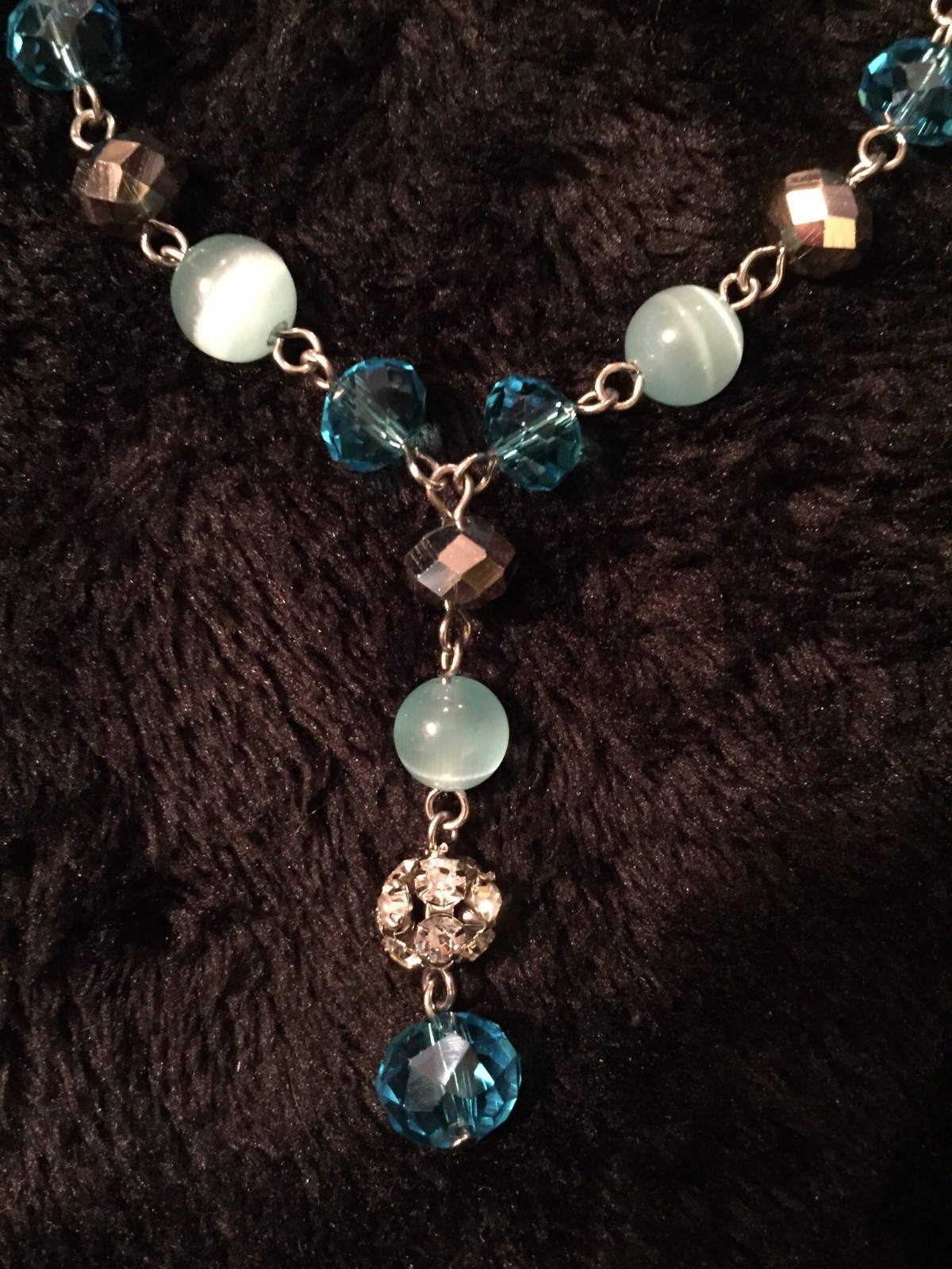 1928 Spring Faux Cat’s Eye Blue Dangle 16 inch adjustable Silvertone Chain