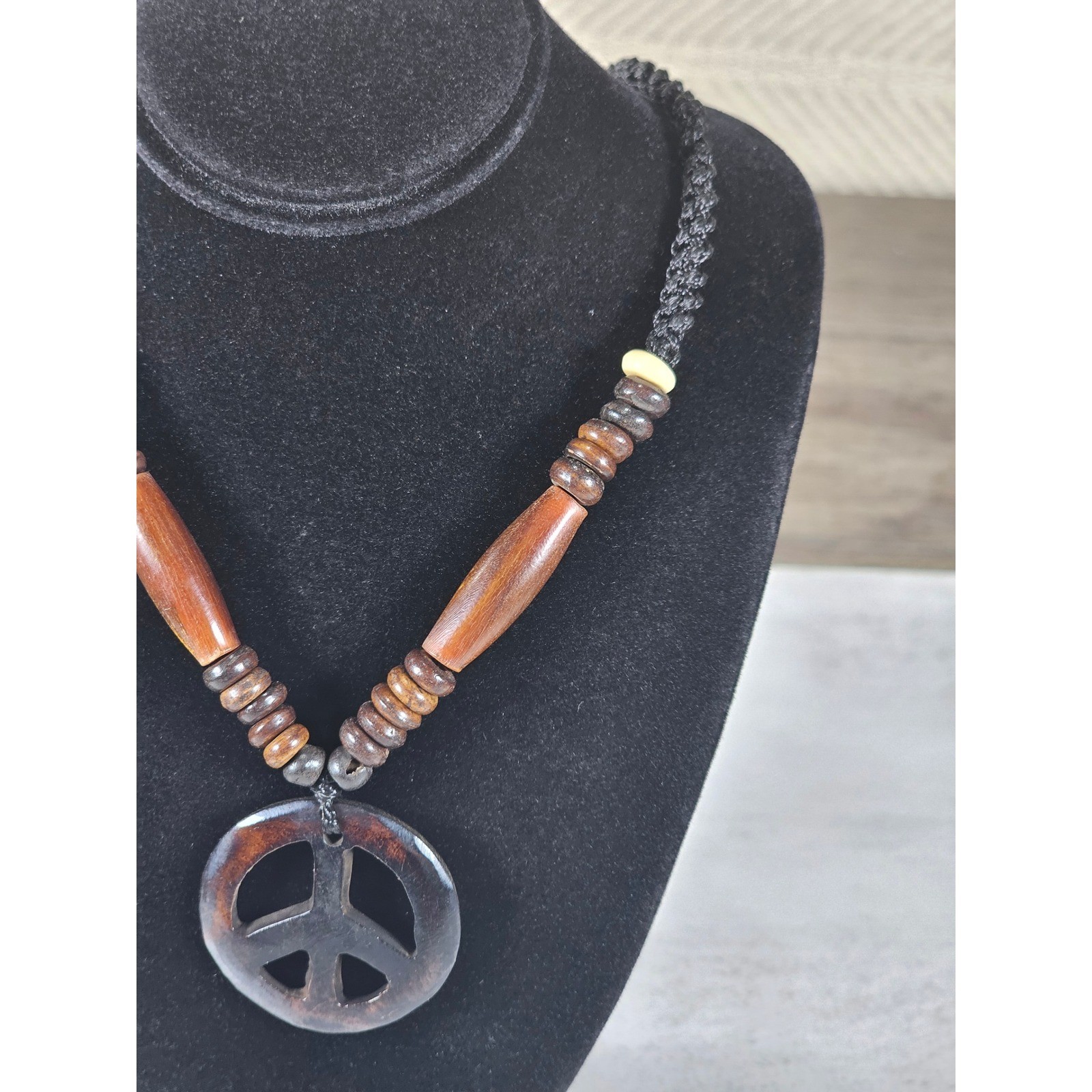 Vintage Wood Peace Sign Necklace Boho Beaded Cord Pendant