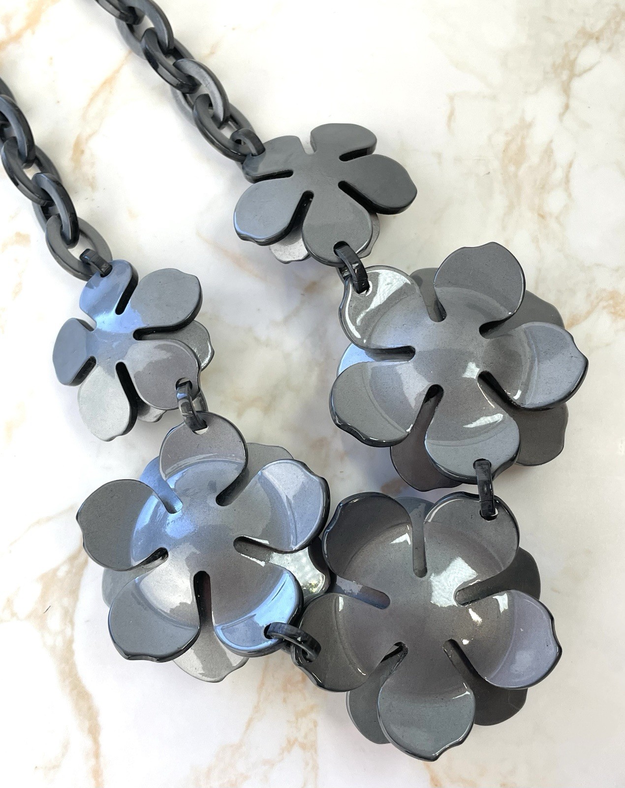 Statement Necklace Large Black Grey Marble Effect Acrylic Flowers