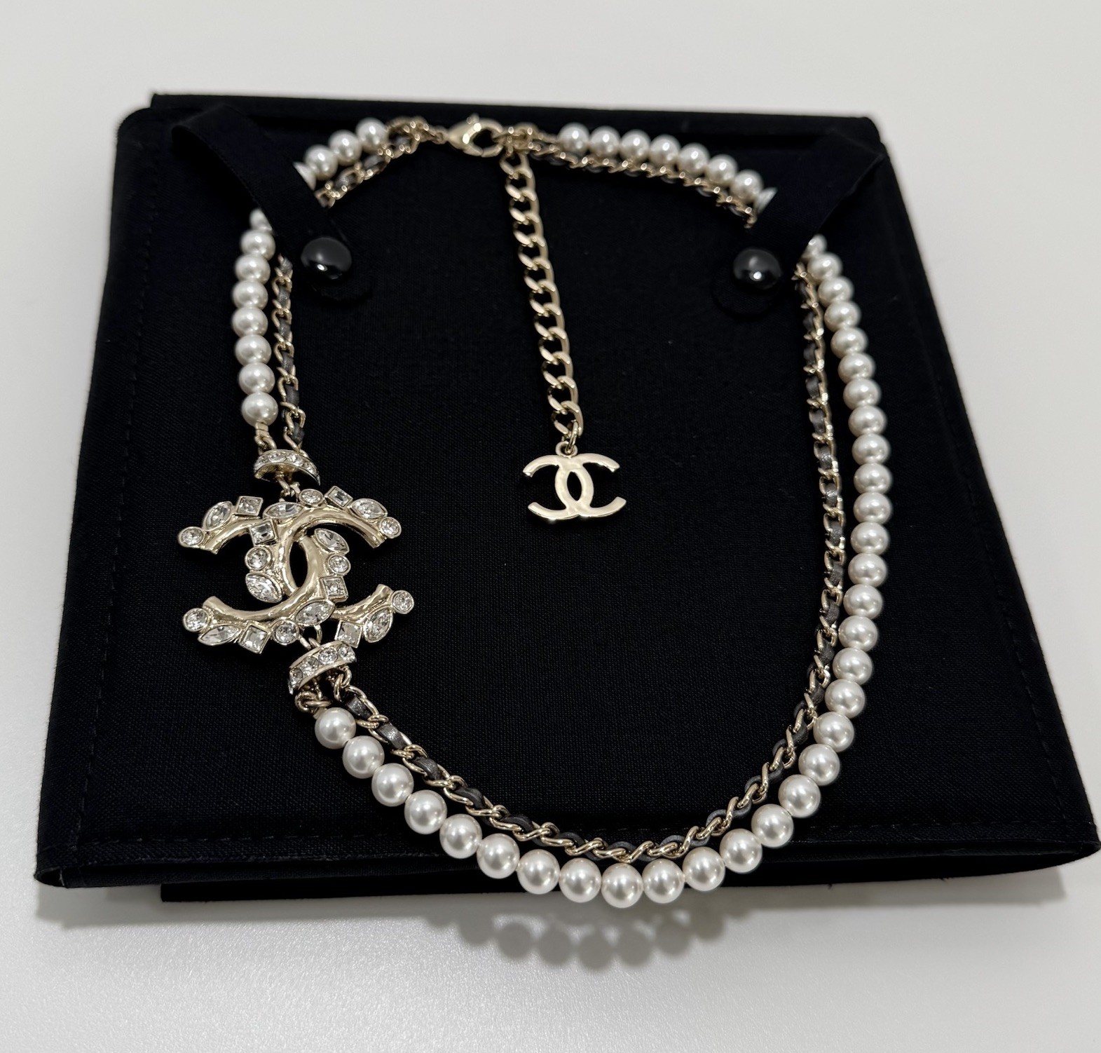 Chanel Pearl Crystal CC Necklace Bronze Leather 23P Adjustable Light Gold Chain