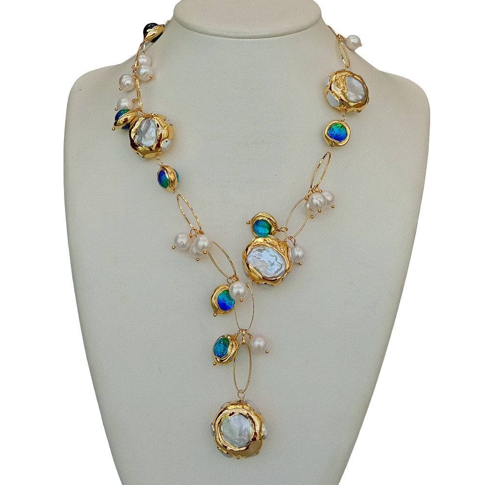 Freshwater Cultured White Keshi Pearl Blue Murano Glass Necklace 21″