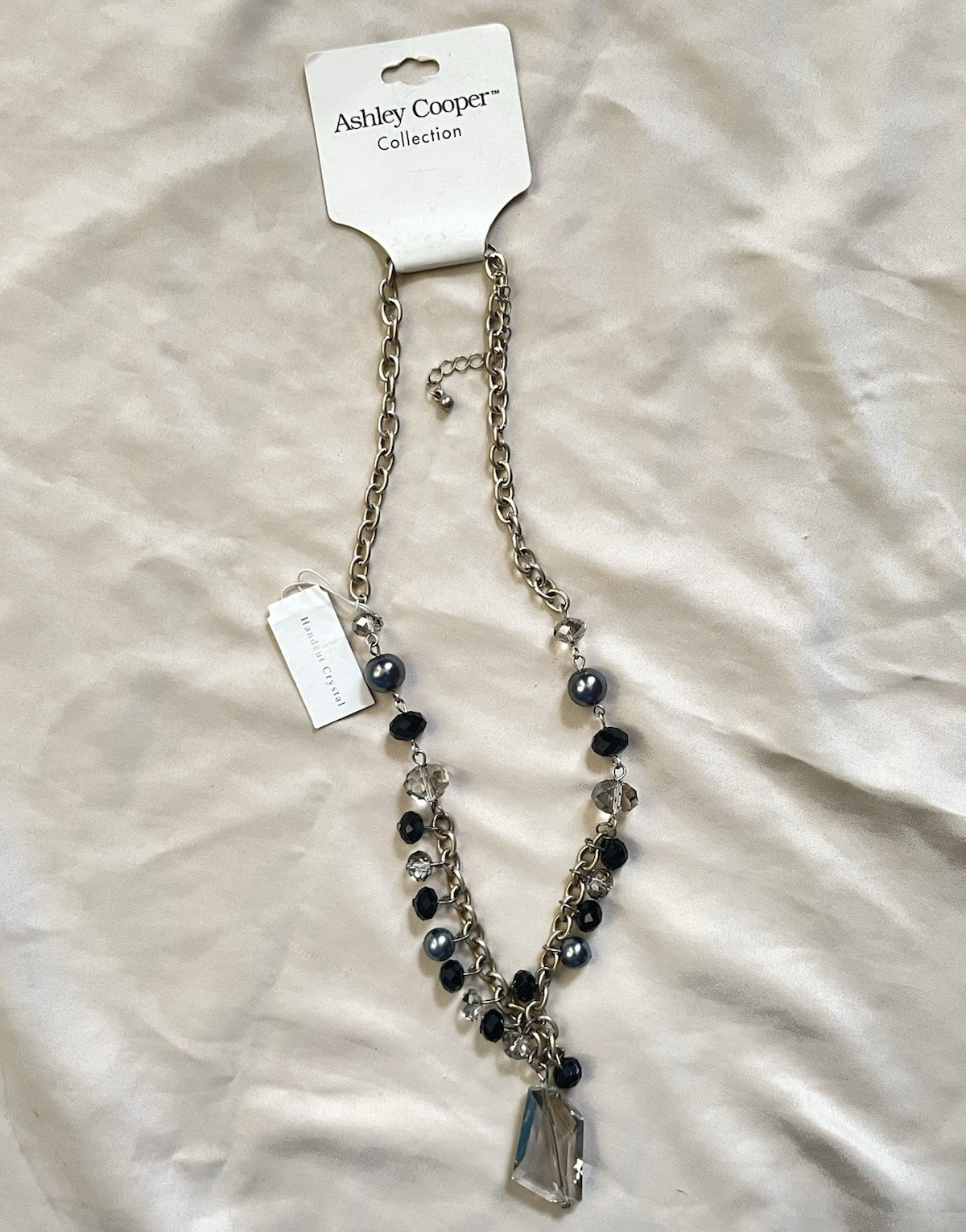 Ashley Cooper Silver Tone Cable Chain Beaded Necklace Clear Trapezoid Pendant