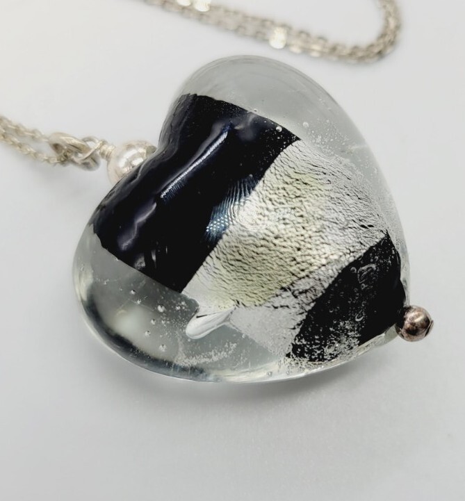 Heart Pendant Sterling Silver Necklace Black & Grey Lucite 19 in Chunky