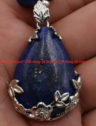 Natural Blue Egyptian Lapis Lazuli Gemstone Round Beads Drop Pendant Necklace