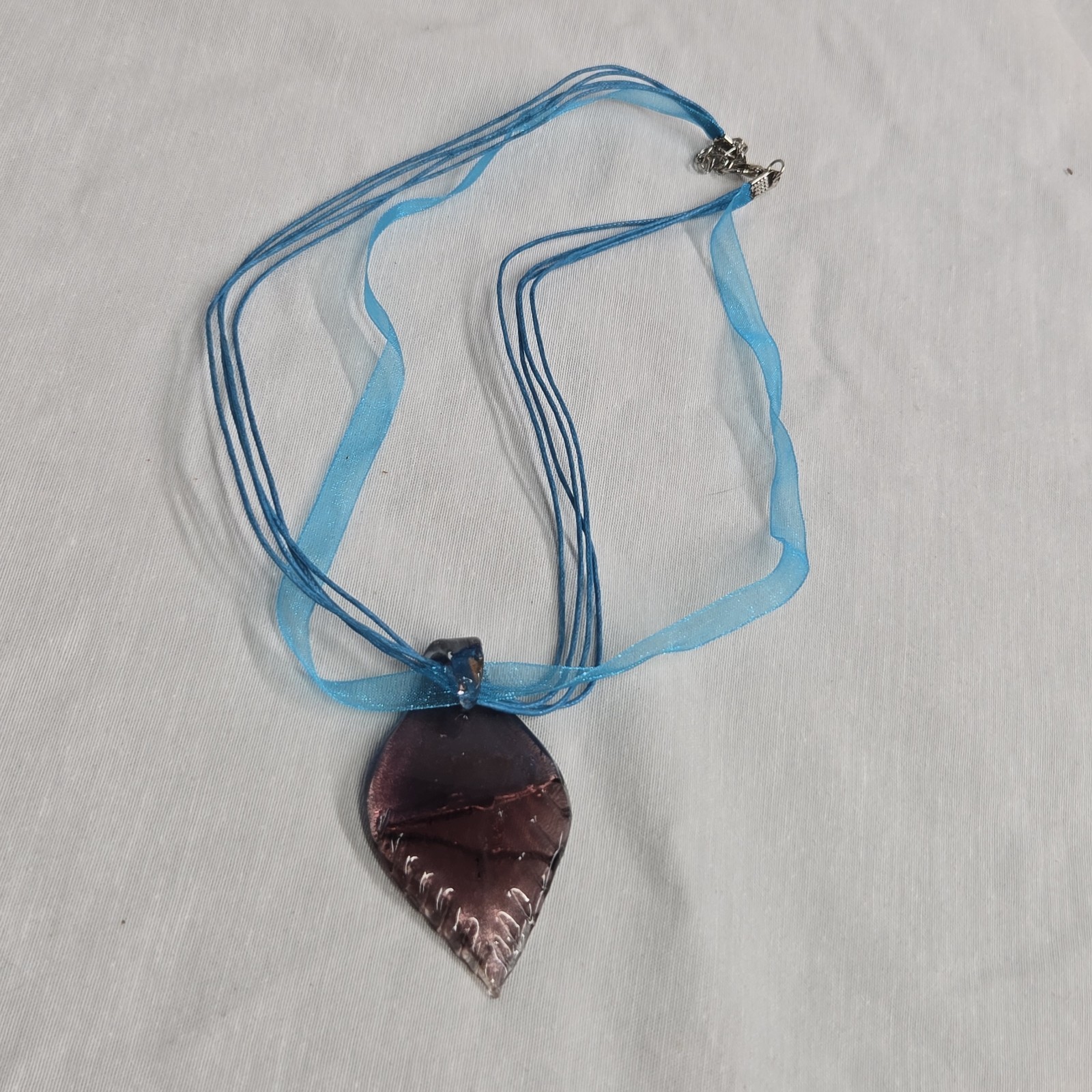 Stunning Fused Glass Leaf Pendant Necklace – Vibrant Blue & Metallic Accents