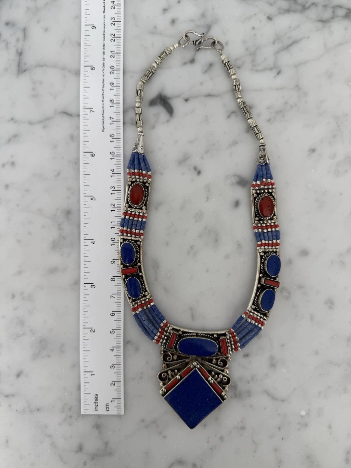 USA Seller Tibetan Style Ornate Tibetan Silver lapis & Coral Necklace
