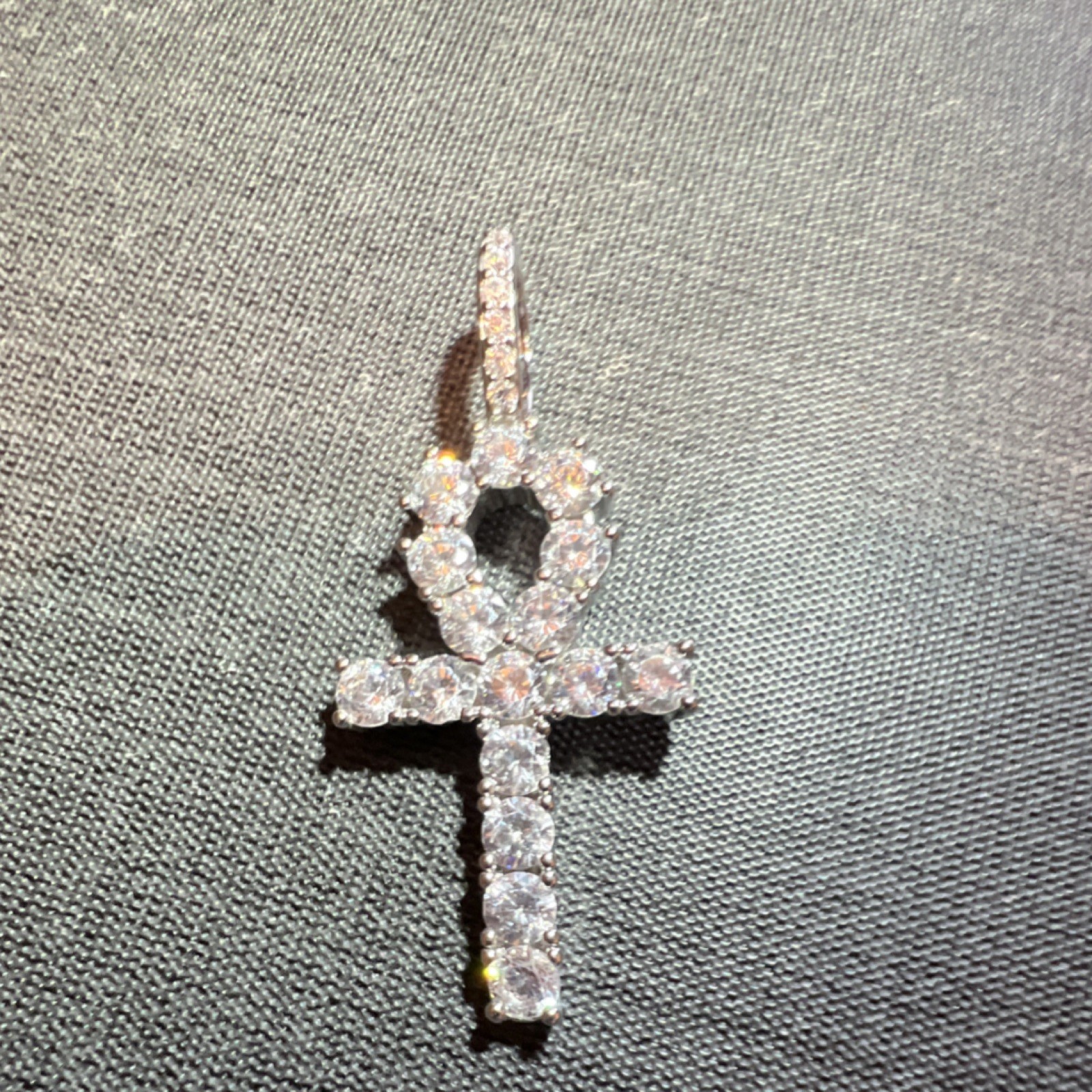 Silver Ankh Cross Pendant Charm simulated diamonds Round White/Colorless Stones