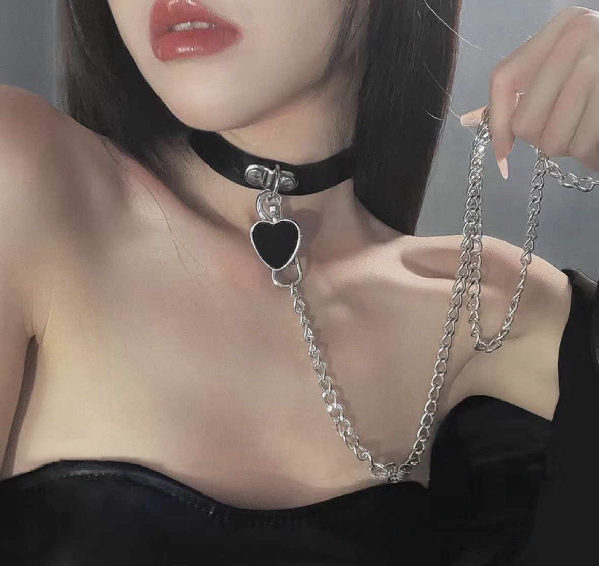 Gothic Faux Leather Choker Set Detachable Chain Leash Bell