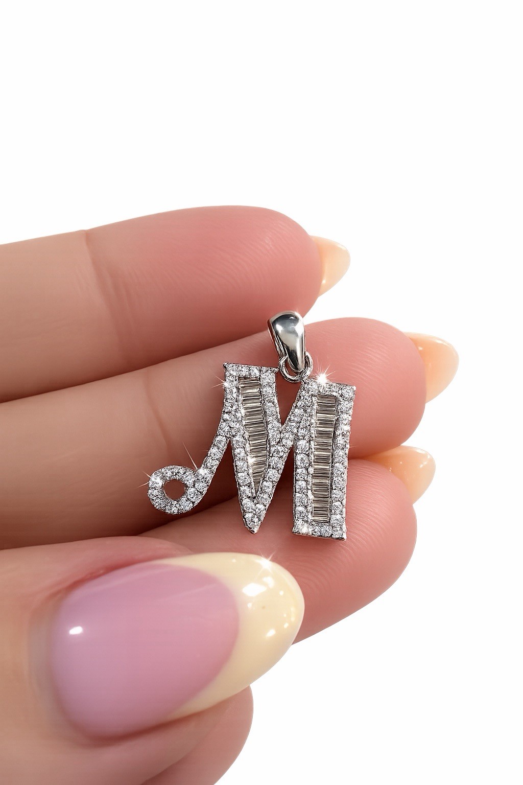 925 Sterling Silver Rhodium-Plated Initial “M” Pendant – AAA CZ diamonds
