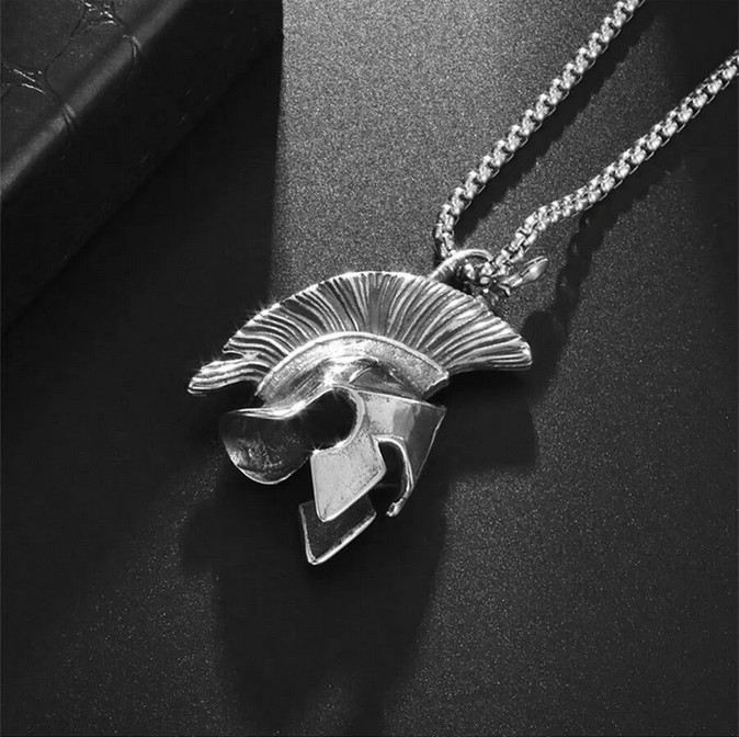 Roman Spartan Warrior Mask Helmet Jewelry Vintage Silvery Pendant Necklace