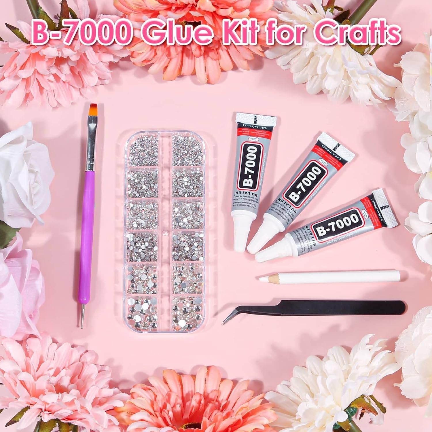 2100 Assorted Glass Rhinestones & Waterproof Adhesive for Crafting Perfection