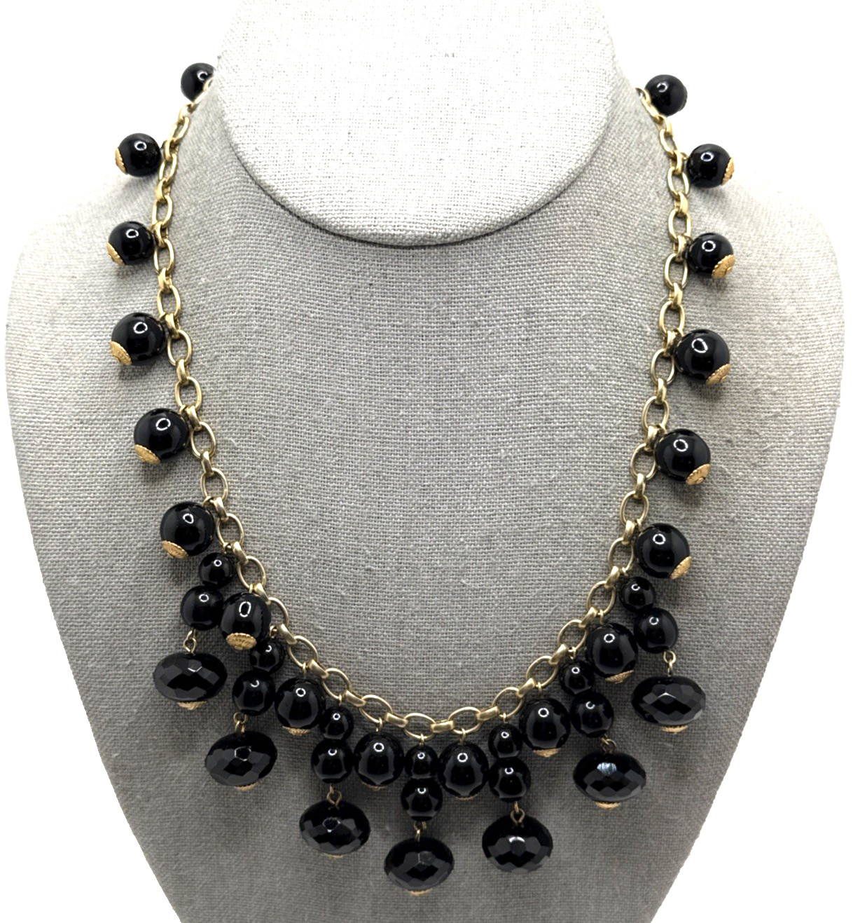 LOREN HOPE Black Dangle Bead Bib Necklace Gold Tone Collar Statement 18″ – 20″