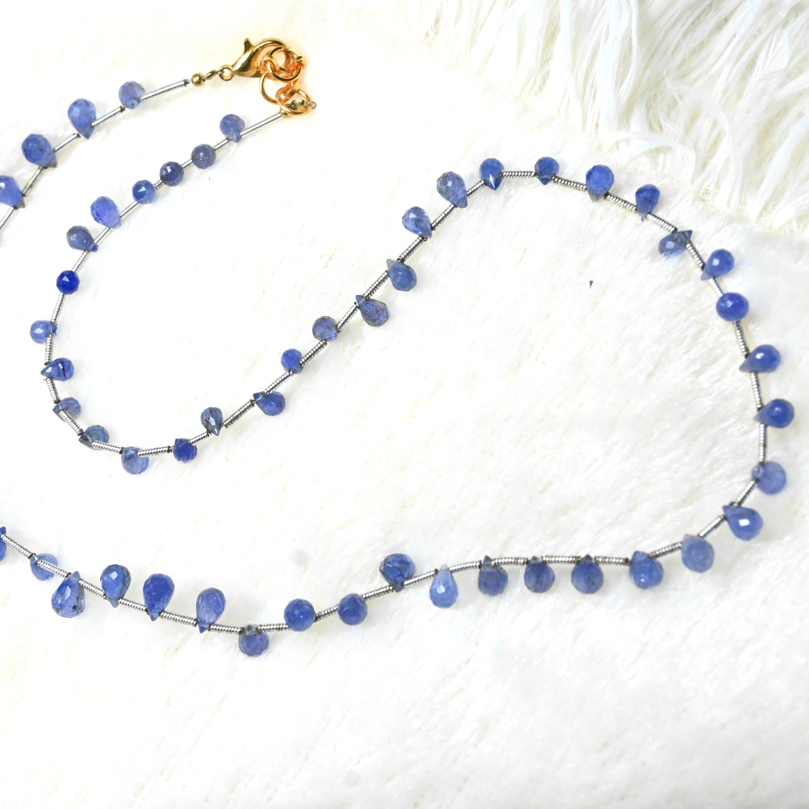 Natural Blue Sapphire Faceted Teardrops Gemstone Beaded Handmade Necklace 18”