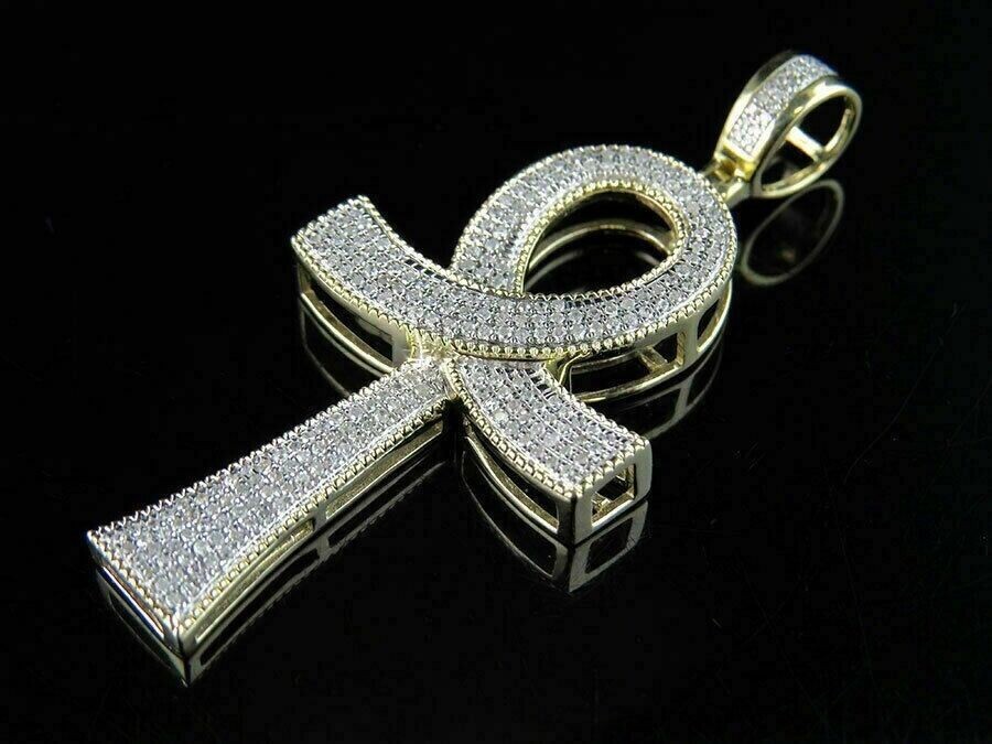 1.80Ct Round Cut Simulated Diamond Ankh Cross Pendant In 14k Yellow Gold Plated