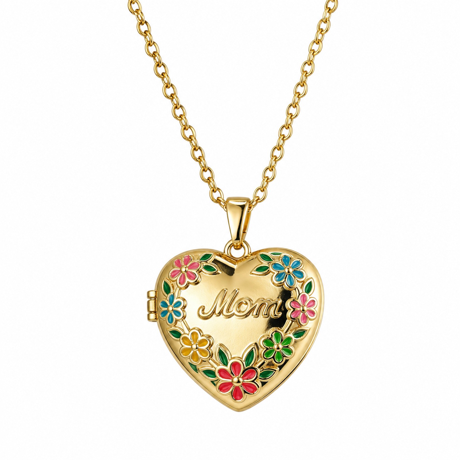 Engraved “Mom” Colorful Enamel Heart Pendant Photo Locket Necklace Adjustable