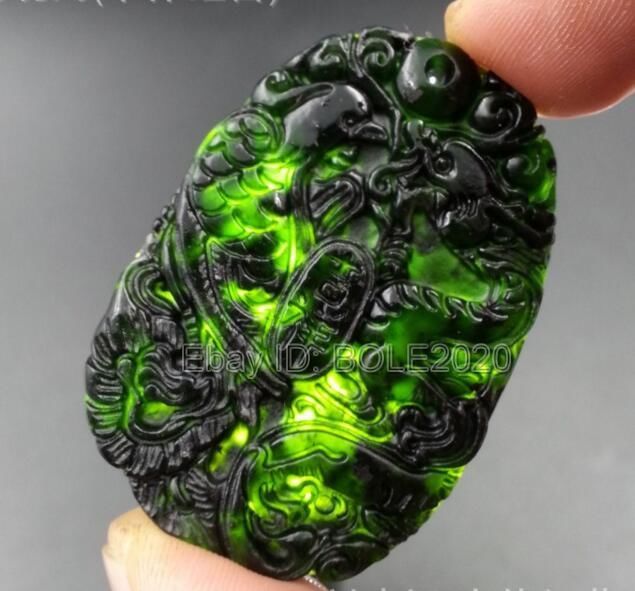 Natural Black Green Jade Carved Chinese Dragon Phoenix Pendant Necklace Jewelry