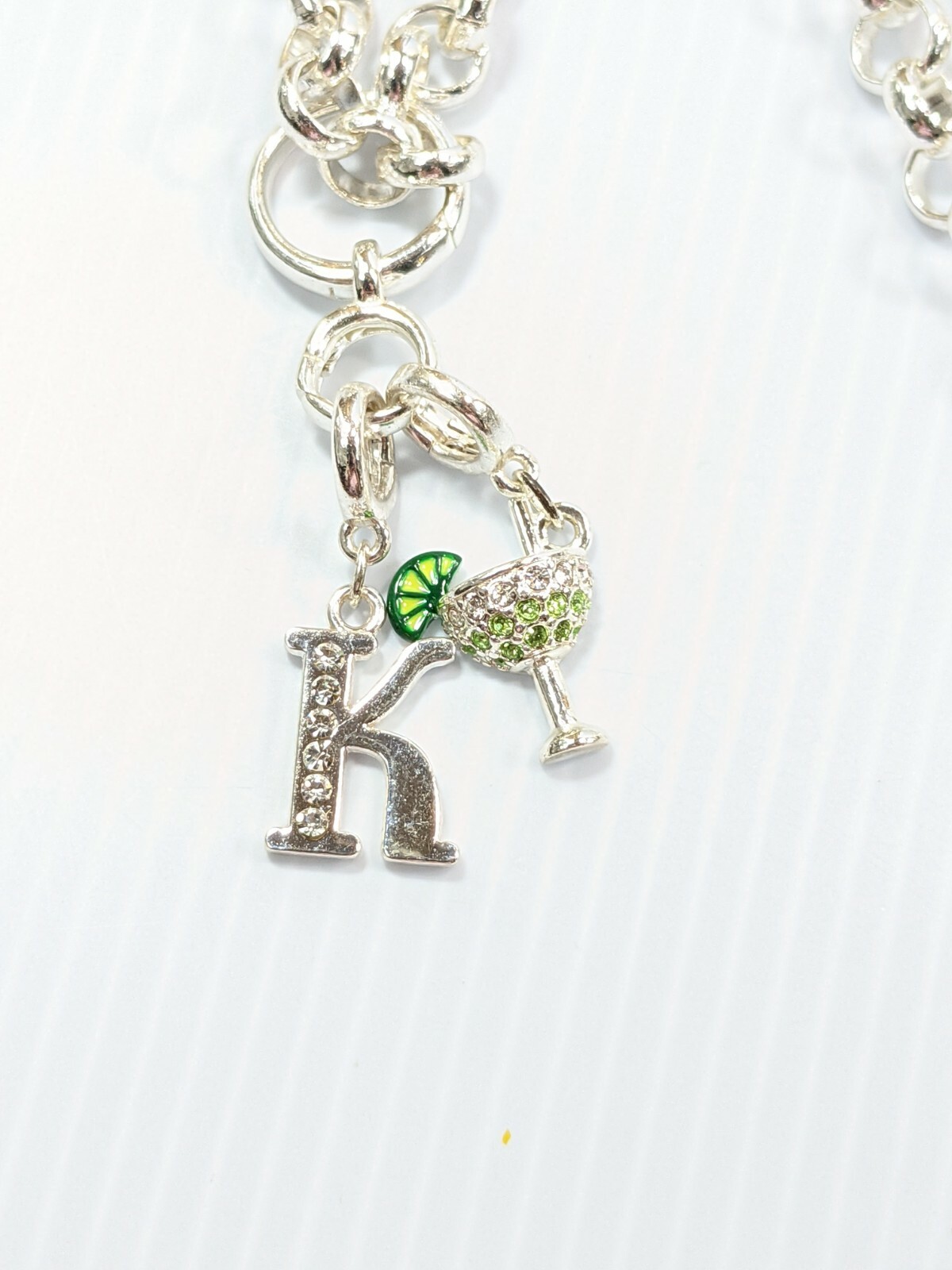 Silver Tone Initial Letter K Crystal Cocktail Margarita Pendant Necklace 28 Inch