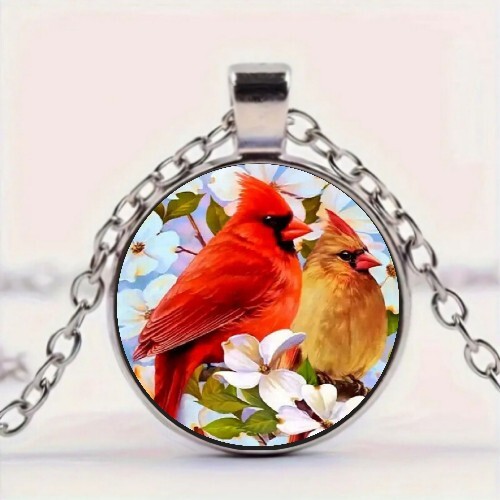 Red And Yellow Bird Round Pendant Necklace