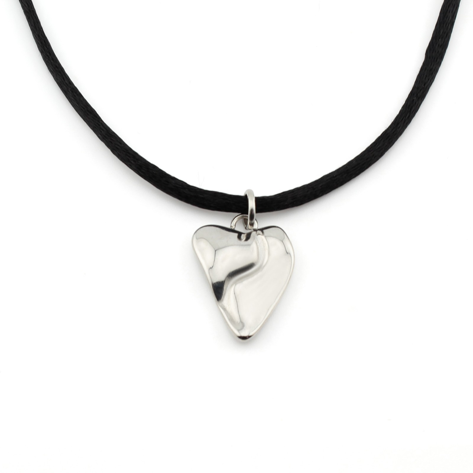 Silver Heart Pendant Necklace Black Satin Silk Cord Stainless Steel Jewelry