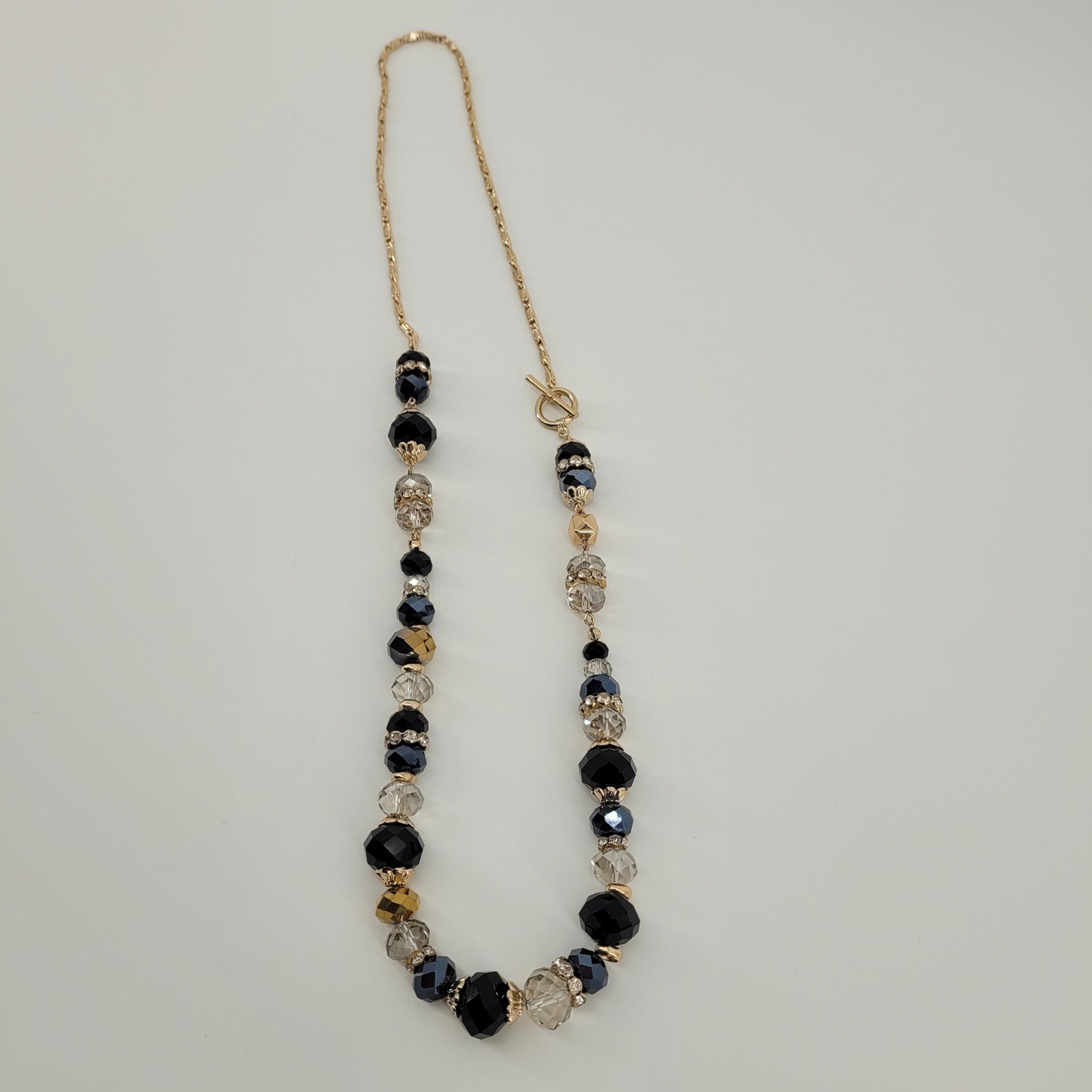 Glam Black Grey Gold Tone Statement Necklace Faceted Crystal Beaded Rhinestone