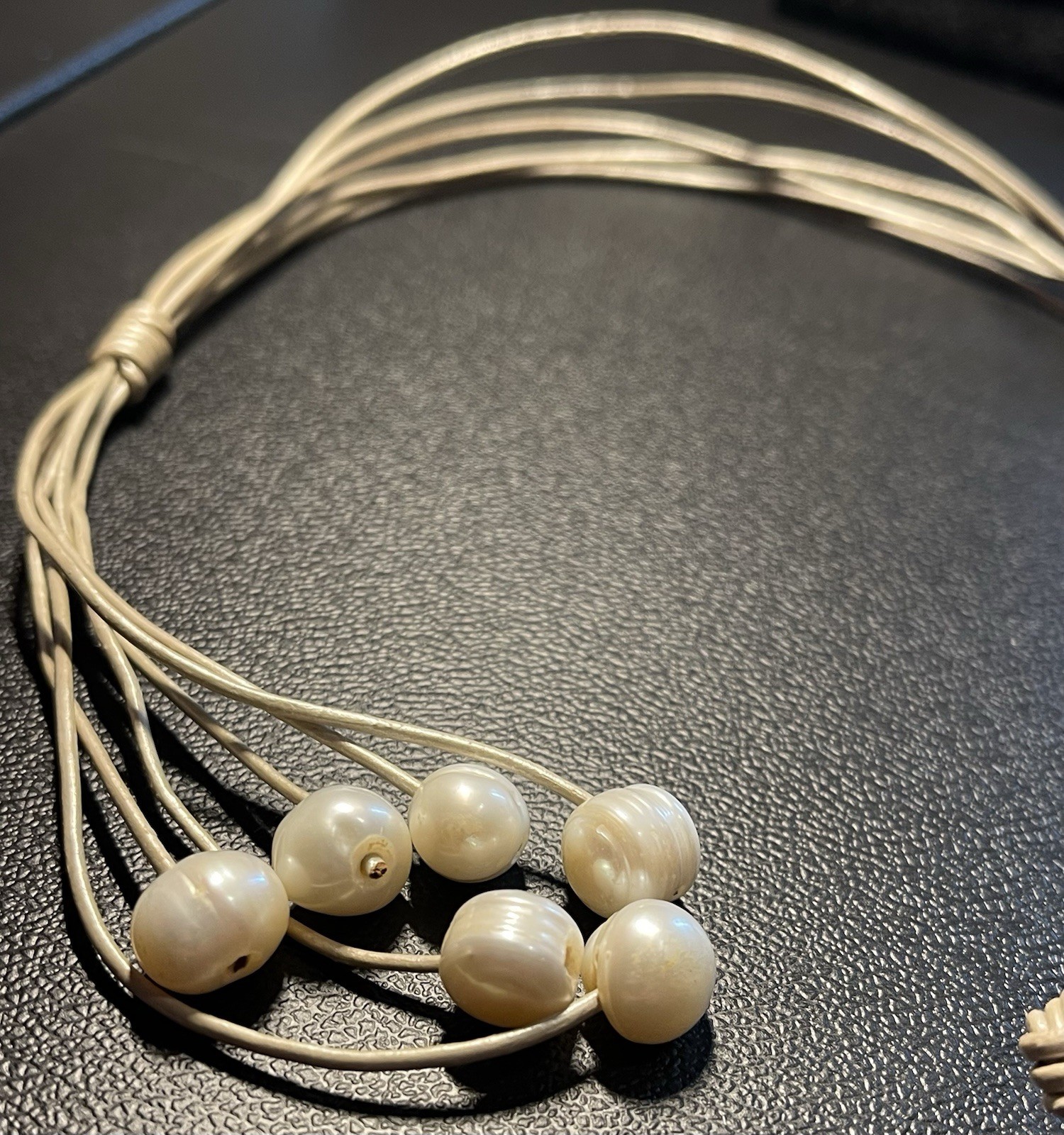 Vintage White 6 Pearl Necklace Beige Tassel Leather Rope Lariat Jewelry 38”