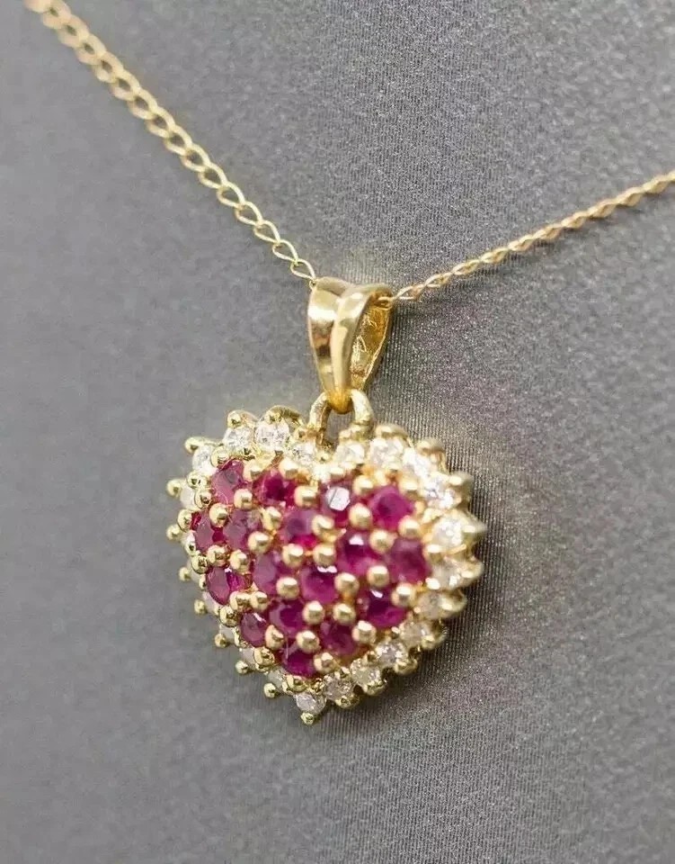 Cluster Heart Shape Pendant 14K Yellow Gold Plated Round Cut Simulated Pink Ruby