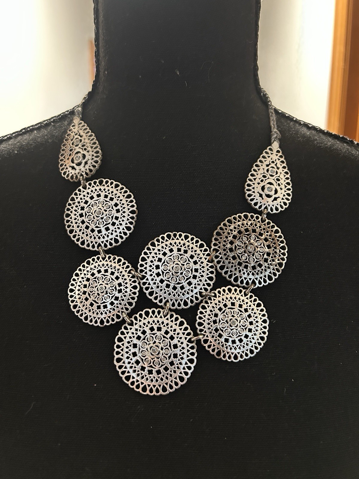 Silver Tone Filigree Bib Necklace with Round Pendants Adjustable Hook Closure