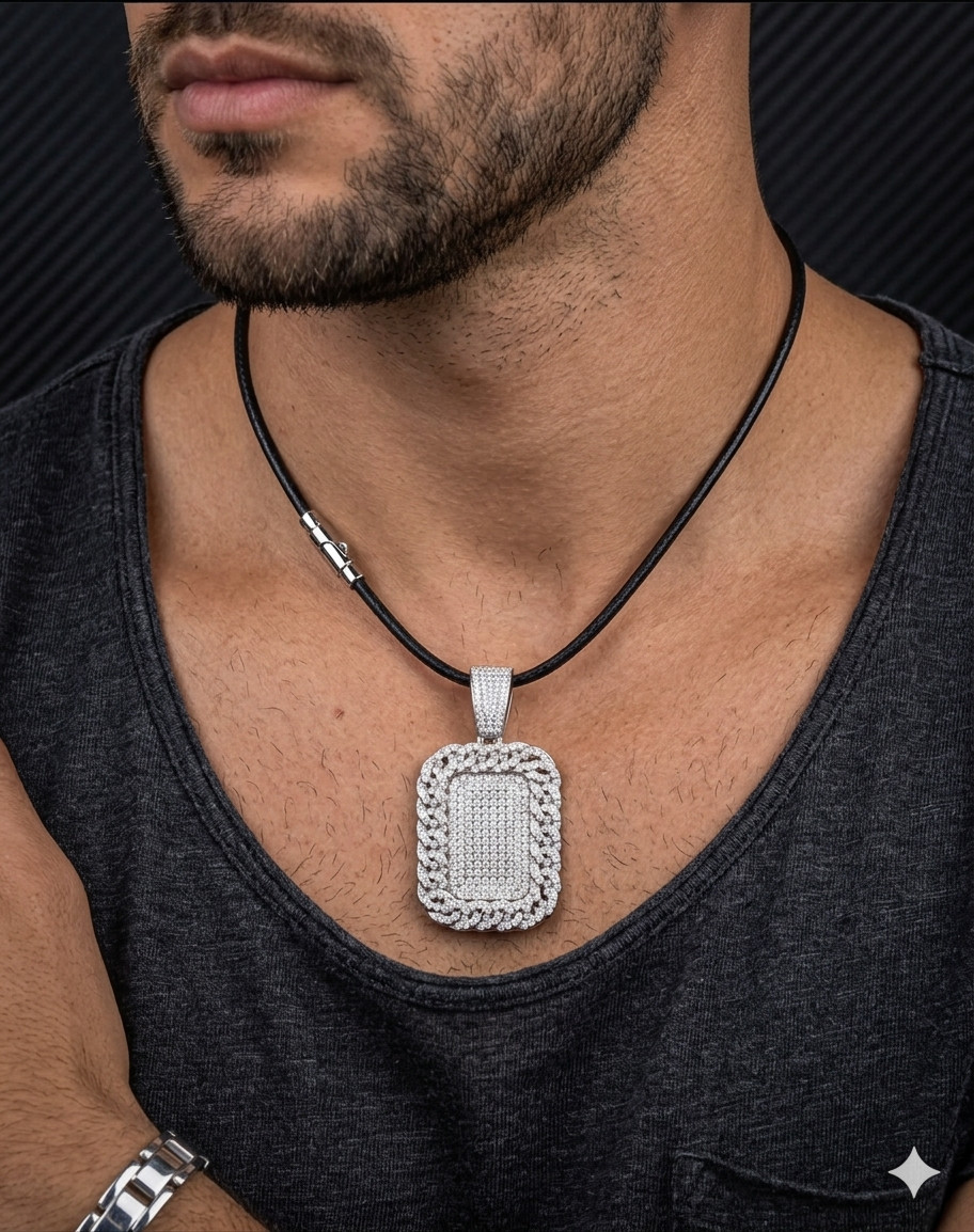 Men’s Full Iced Bling Dog Tag Pendant Stainless Steel 14K White Gold Plating