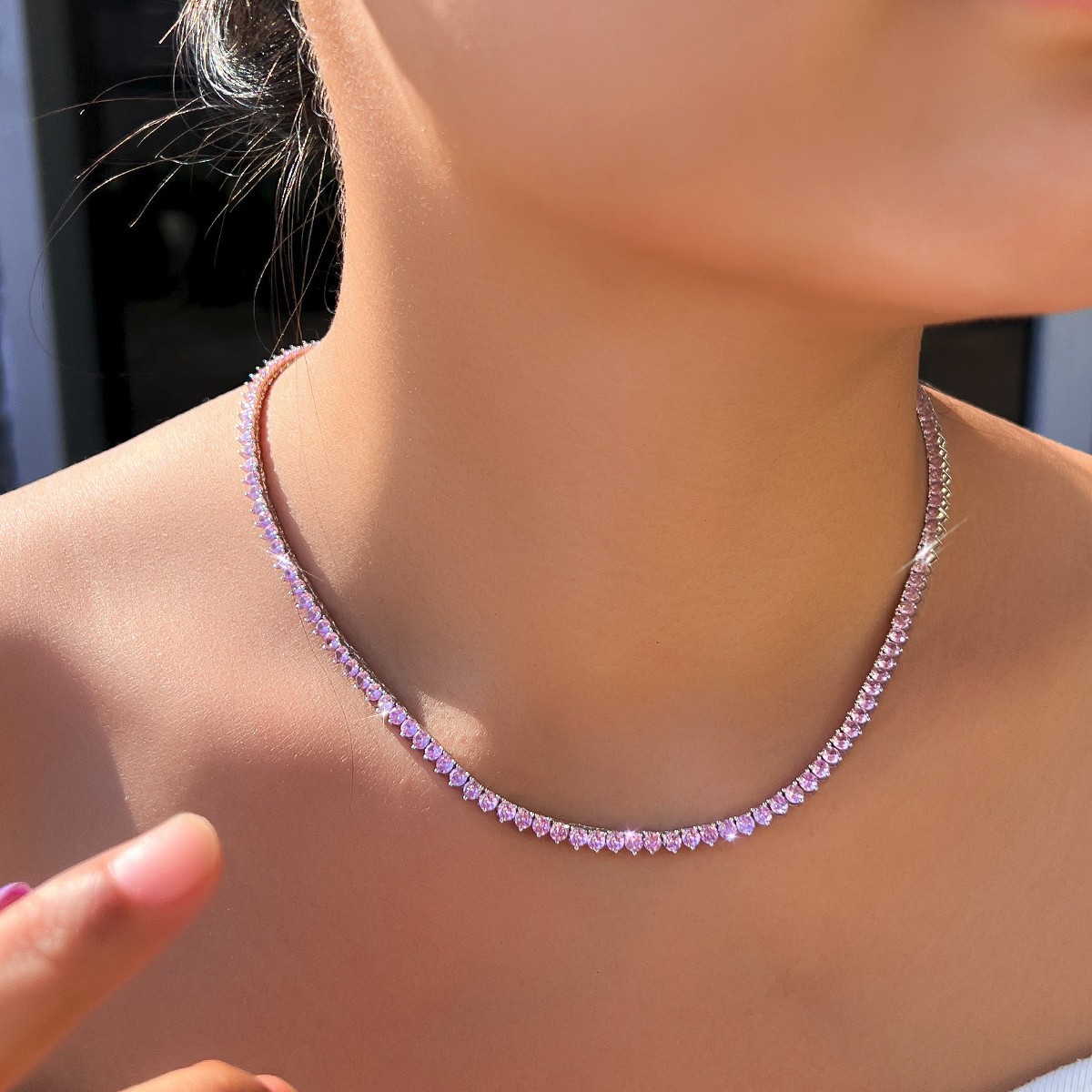 3mm Pink Round Cubic Zirconia Gold Plated Tennis Necklace Women Wedding Jewelry