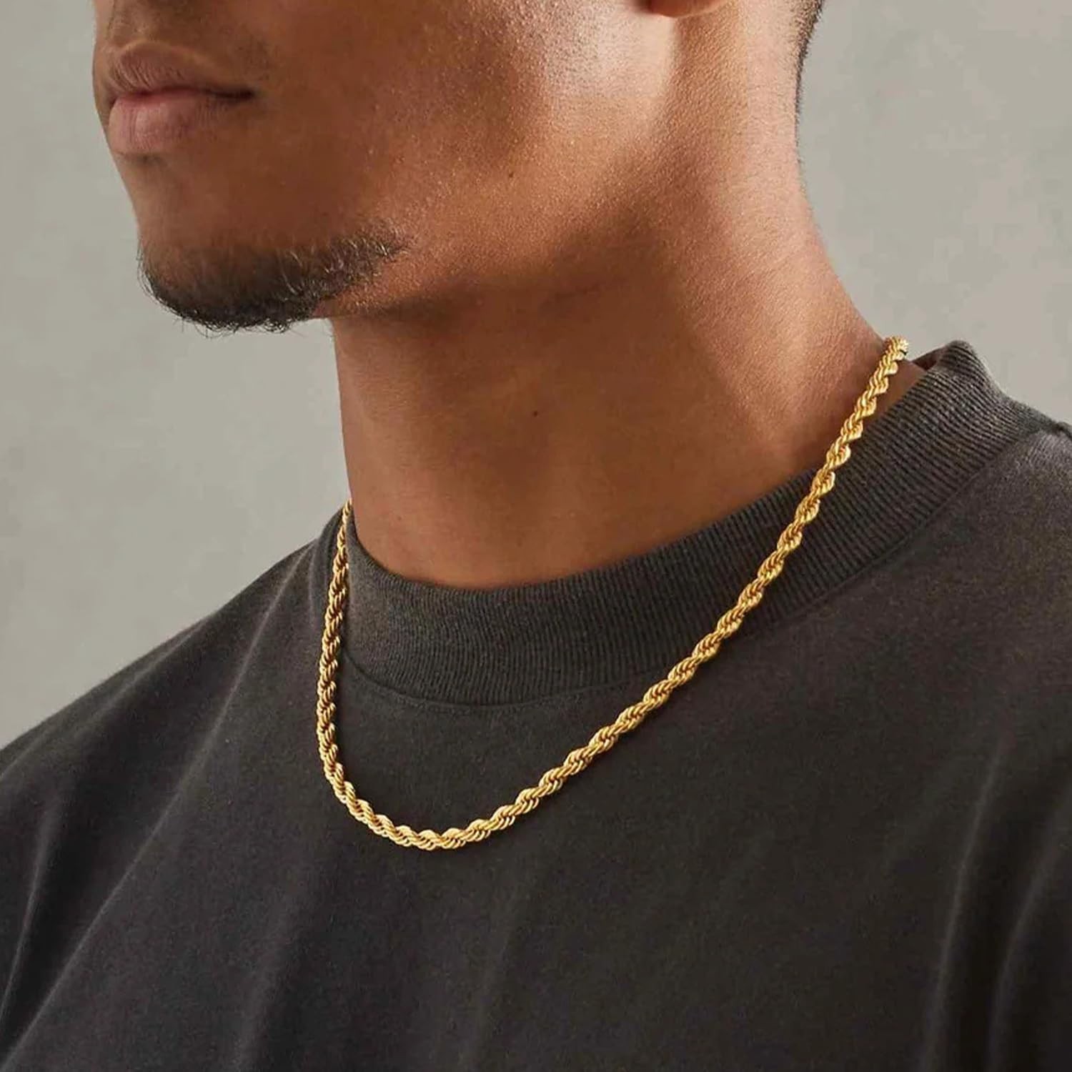 14K Gold Plated Chain Necklace for Men, 3mm Stainless Steel Rope Chains 14K G…