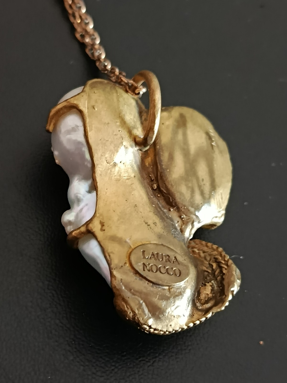 Laura Nocco Baroque Pearl Cat’s Eye Heart Bronze Pendant Signed Italy Rare Art