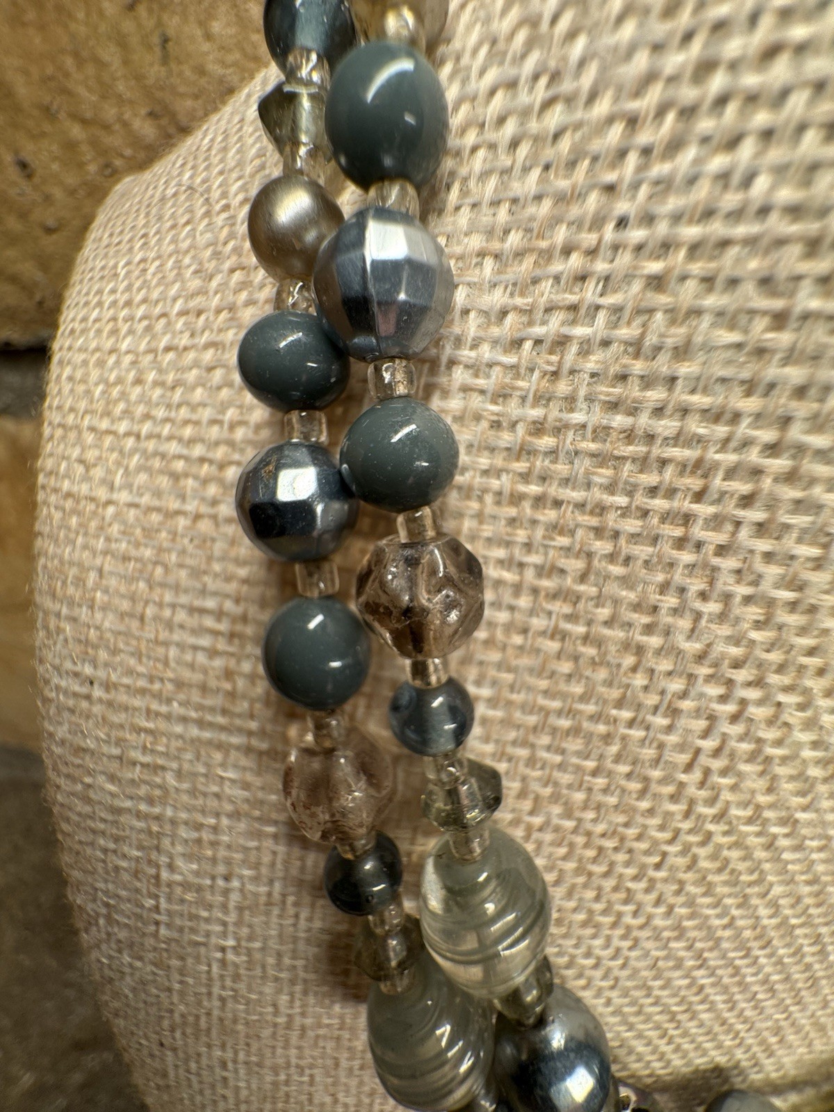 Vintage Gray & Silver Glass Beaded Necklace Stamped Japan c1950s 20in Retro Glam