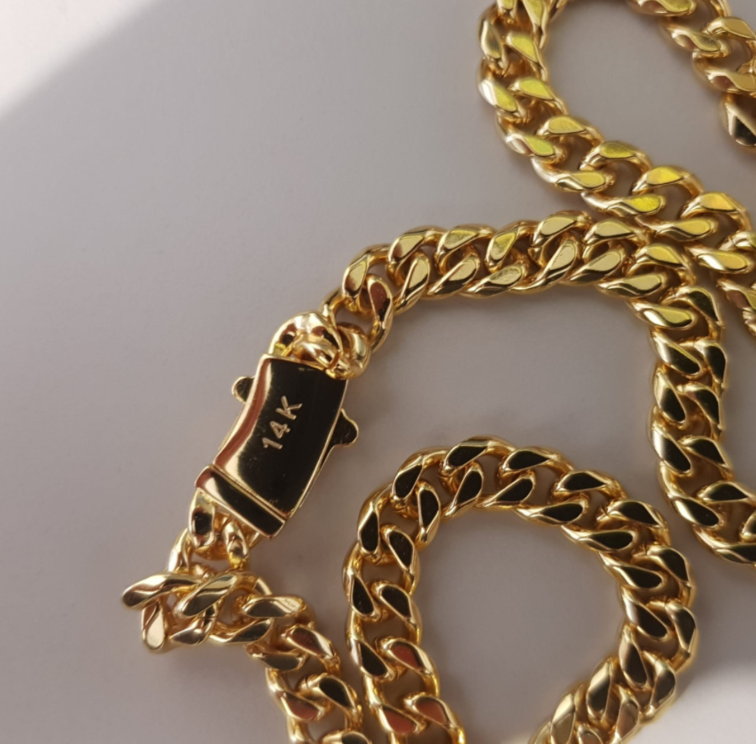 14K Yellow Gold Solid 7mm Cuban Curb Chain Link Pendant Necklace 30″