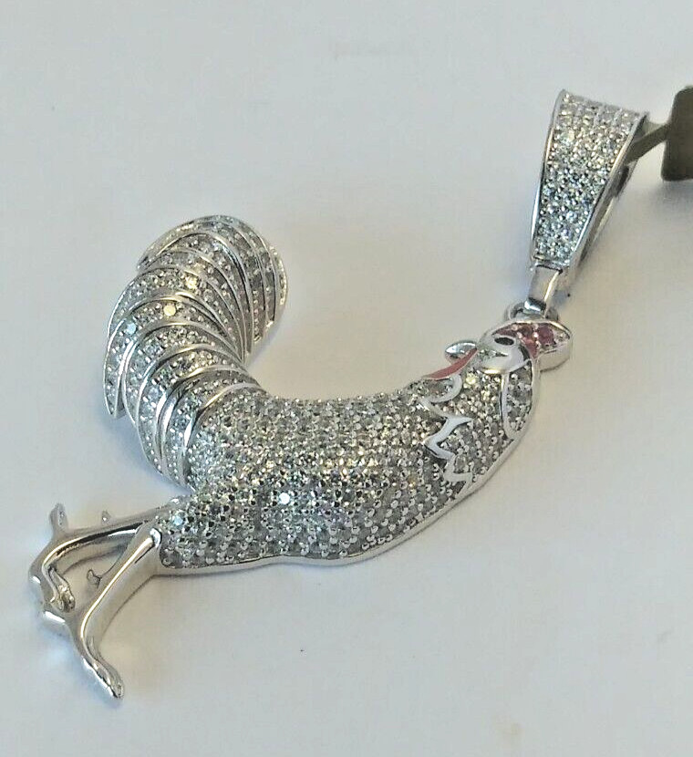 925 Sterling Silver Pendant LARGE Iced ROOSTER CHICKEN cubic zirconia CZ 48X26MM