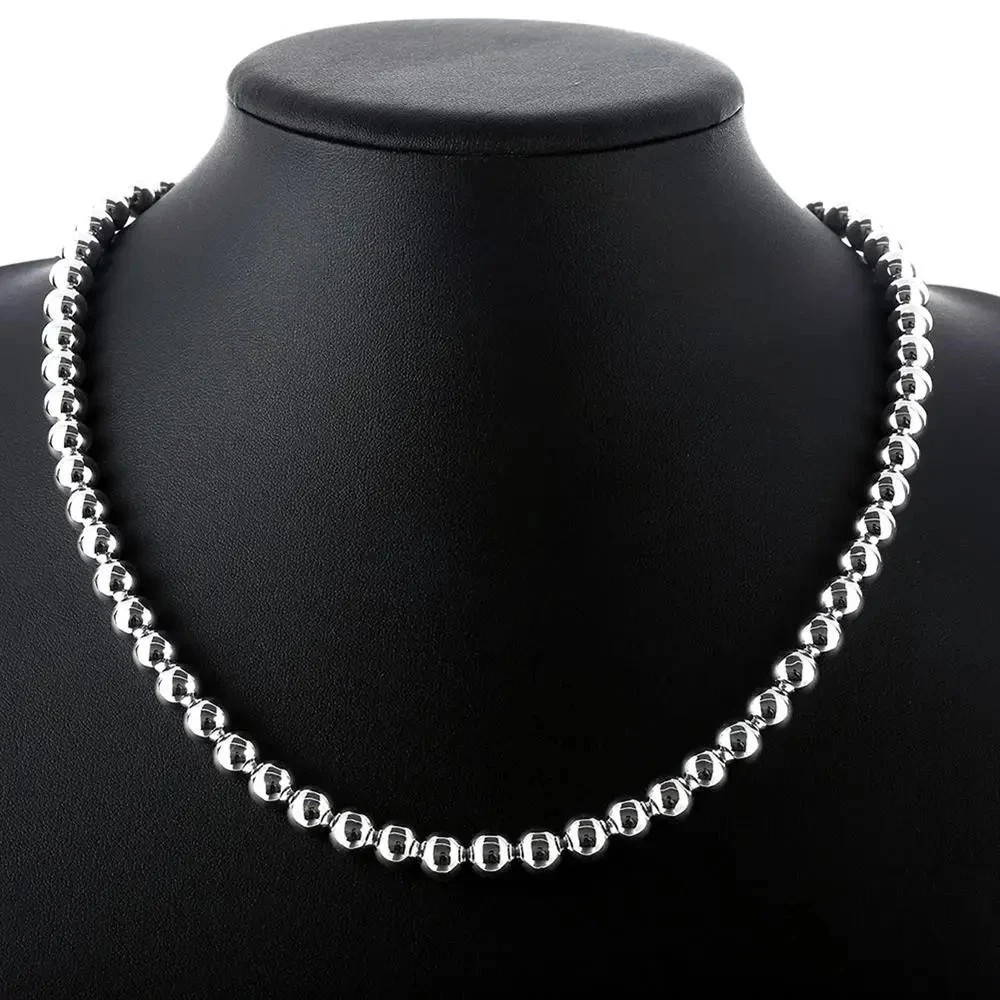 1Pcs Women’s 925 Sterling Silver 8mm Hollow Balls Beads 20″ Chain Necklace