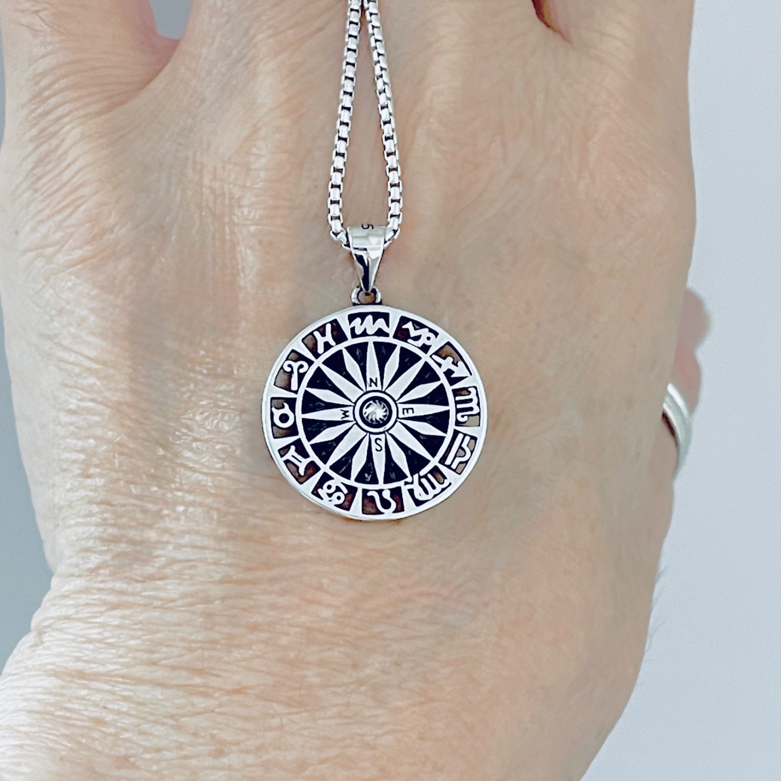 Sterling Silver Unisex Zodiac Wheel and Compass Necklace, Zodiac Signs Chain