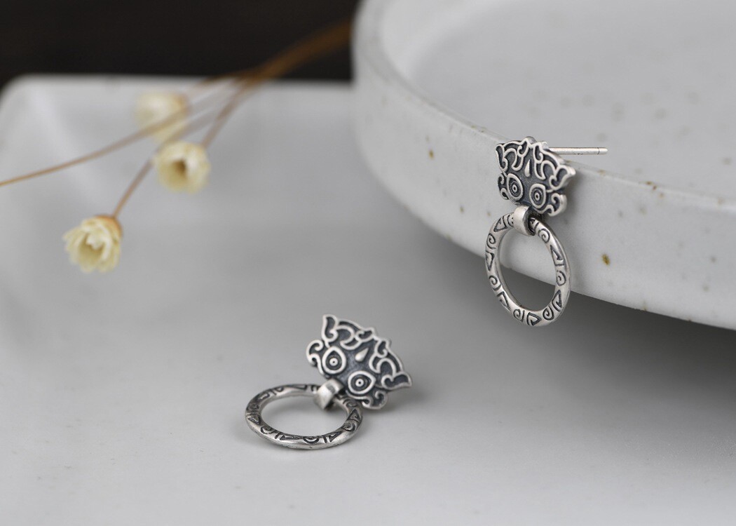 THAI Door Knocker Earrings Ornate Dangle Hoop Vintage Stud S925 Sterling Silver